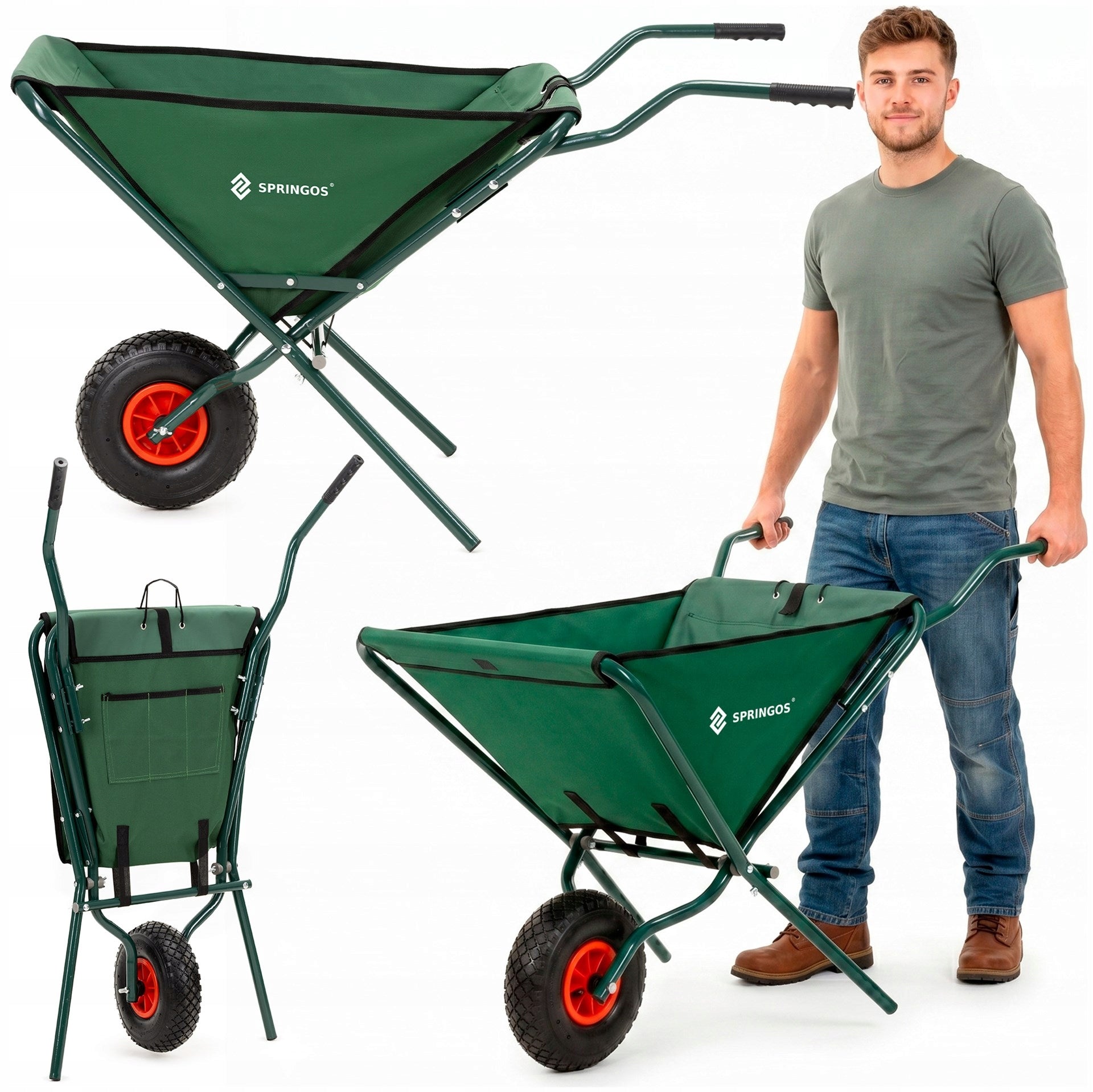GARDEN WHEELBARROW FOLDING 50L STRONG WHEELBARROW WHEEL TIRE TRANSPORT TROLLEY Brand Springos