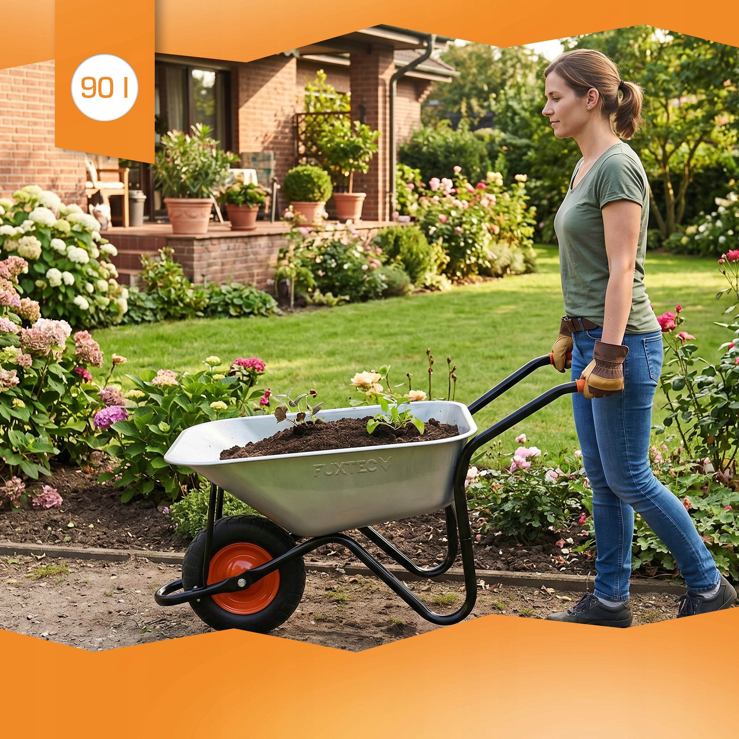 GARDEN WHEELBARROW FUXTEC 90L 120KG TROLLEY GALVANIZED STEEL CONSTRUCTION STRONG Wheels number 4