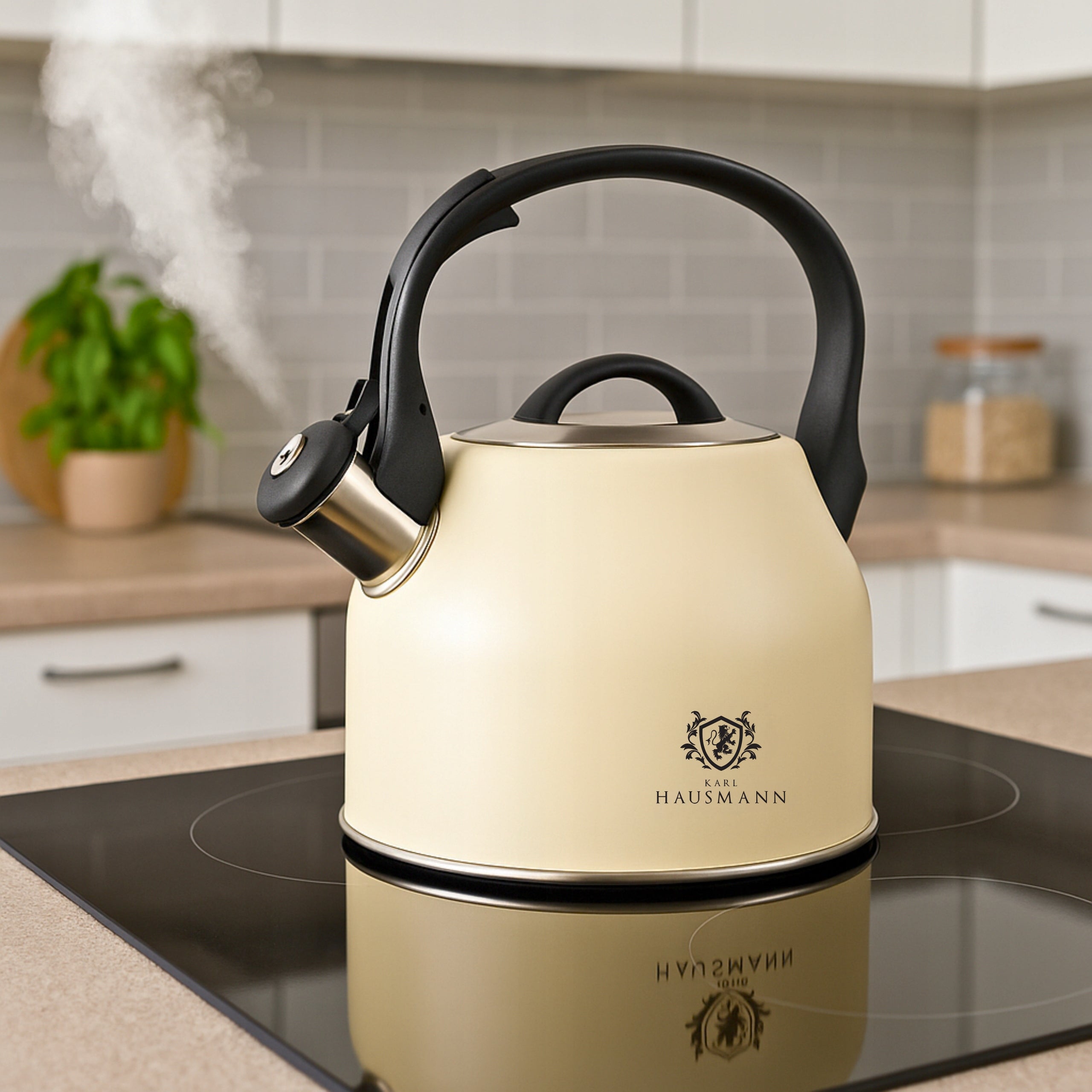 GAS KETTLE 2,3L CREAM WITH WHISTLE +HANDLE INDUCTION STEEL Packaging status original