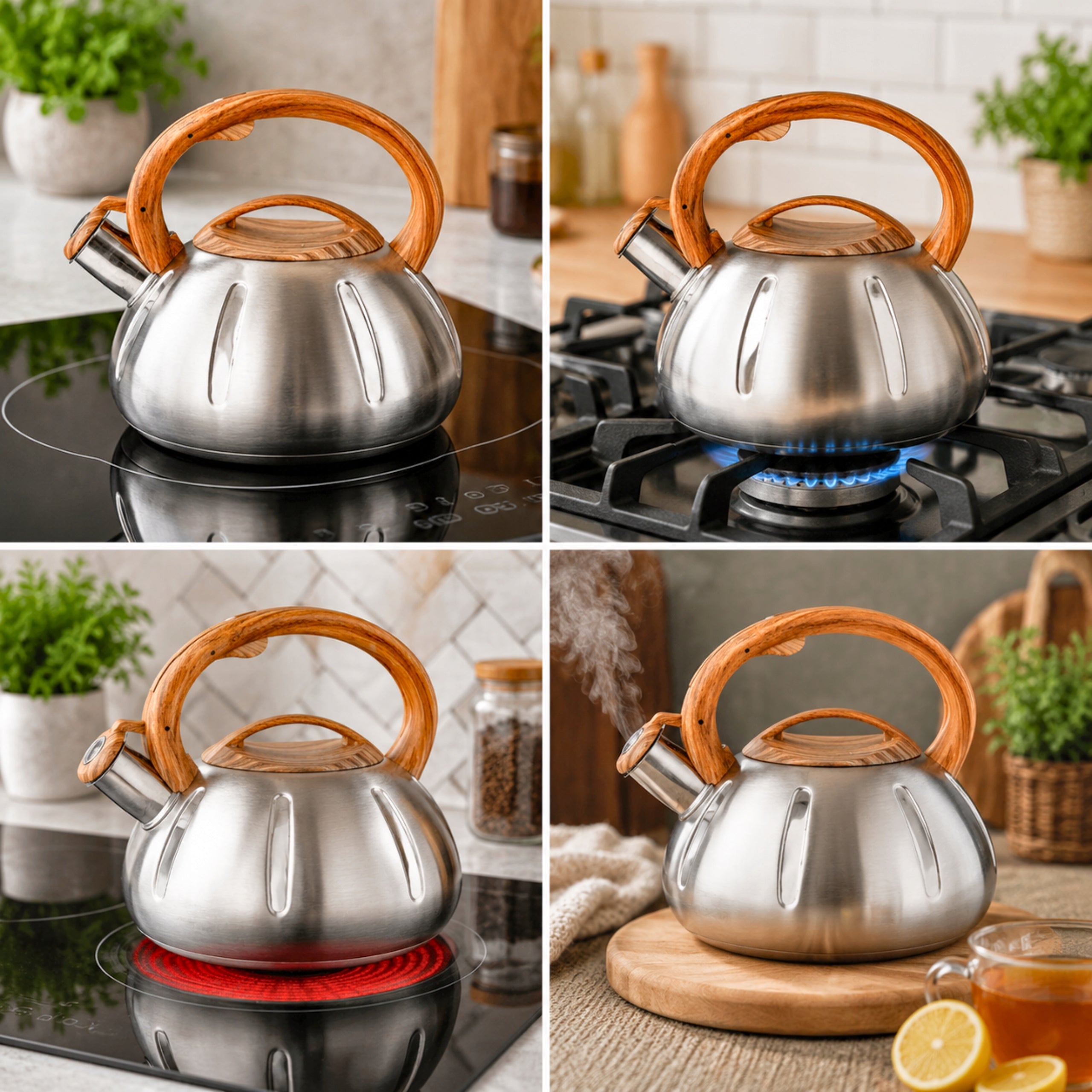 GAS KETTLE 3L KETTLE WITH WHISTLE COVER STEEL INDUCTION SILVER INOX Packaging status original