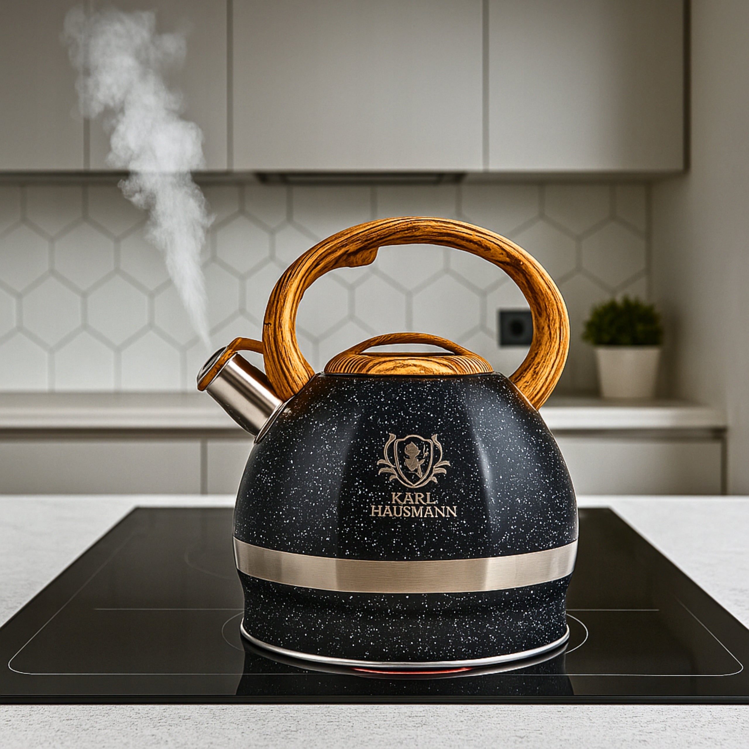 GAS KETTLE BLACK 3L WITH WHISTLE COVER STEEL INDUCTION MARBLE Packaging status original