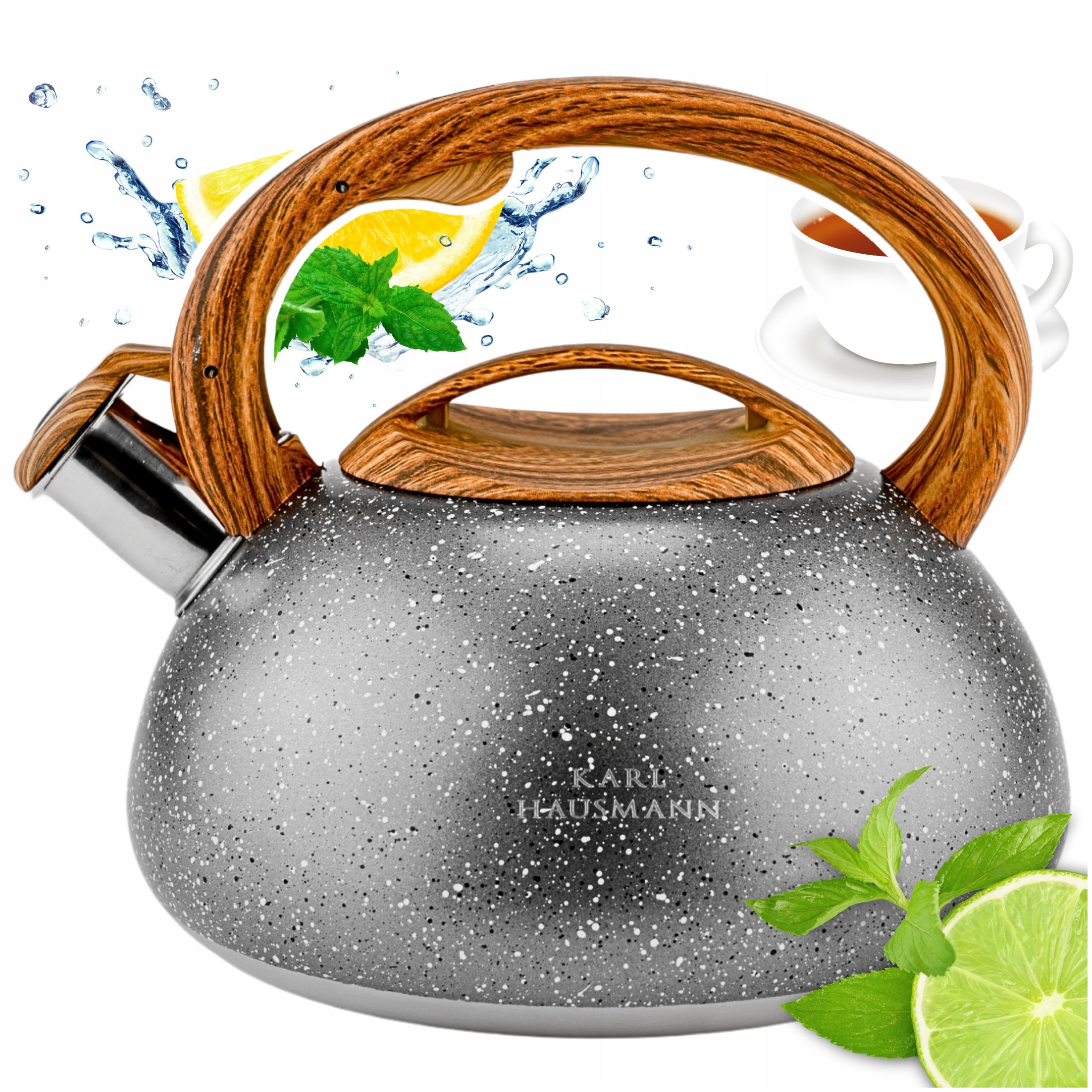 GAS KETTLE GREY WITH WHISTLE LID 3L STEEL INDUCTION SILVER