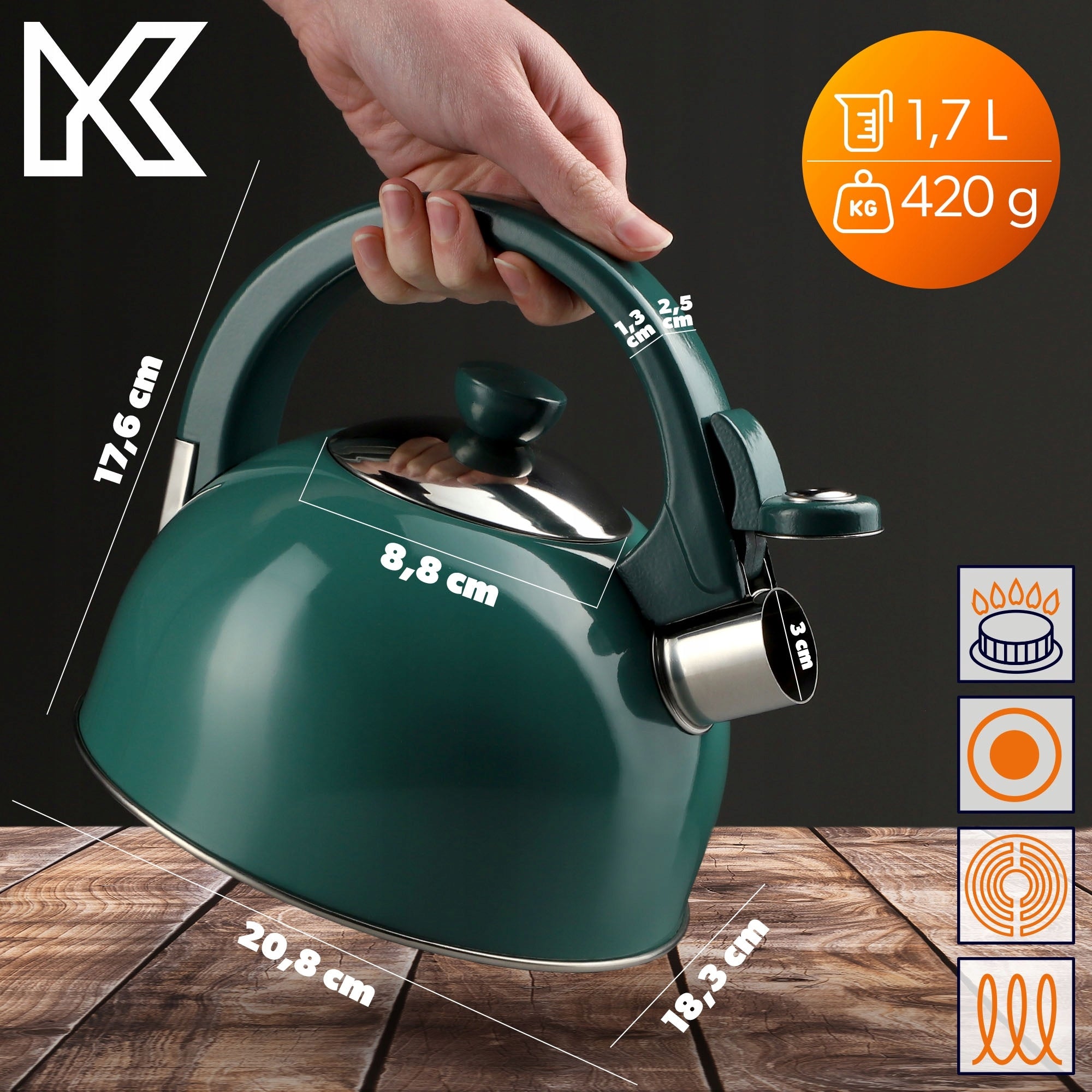 GAS KETTLE INDUCTION KETTLE WITH WHISTLE 1,7L TRADITIONAL GREEN STEEL Manufacturer code K7779