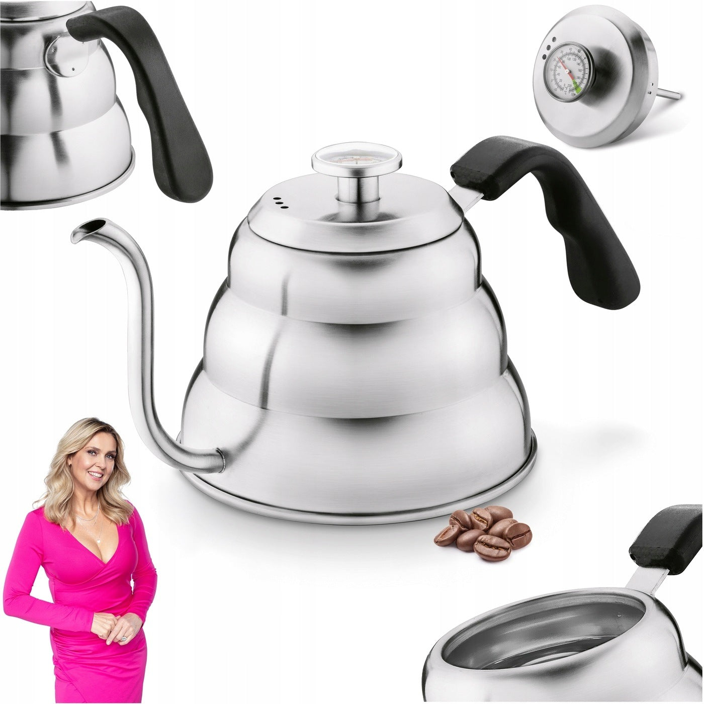 GAS KETTLE THERMOMETER WATERING CAN Silver INDUCTION Konighoffer Barista 1 L