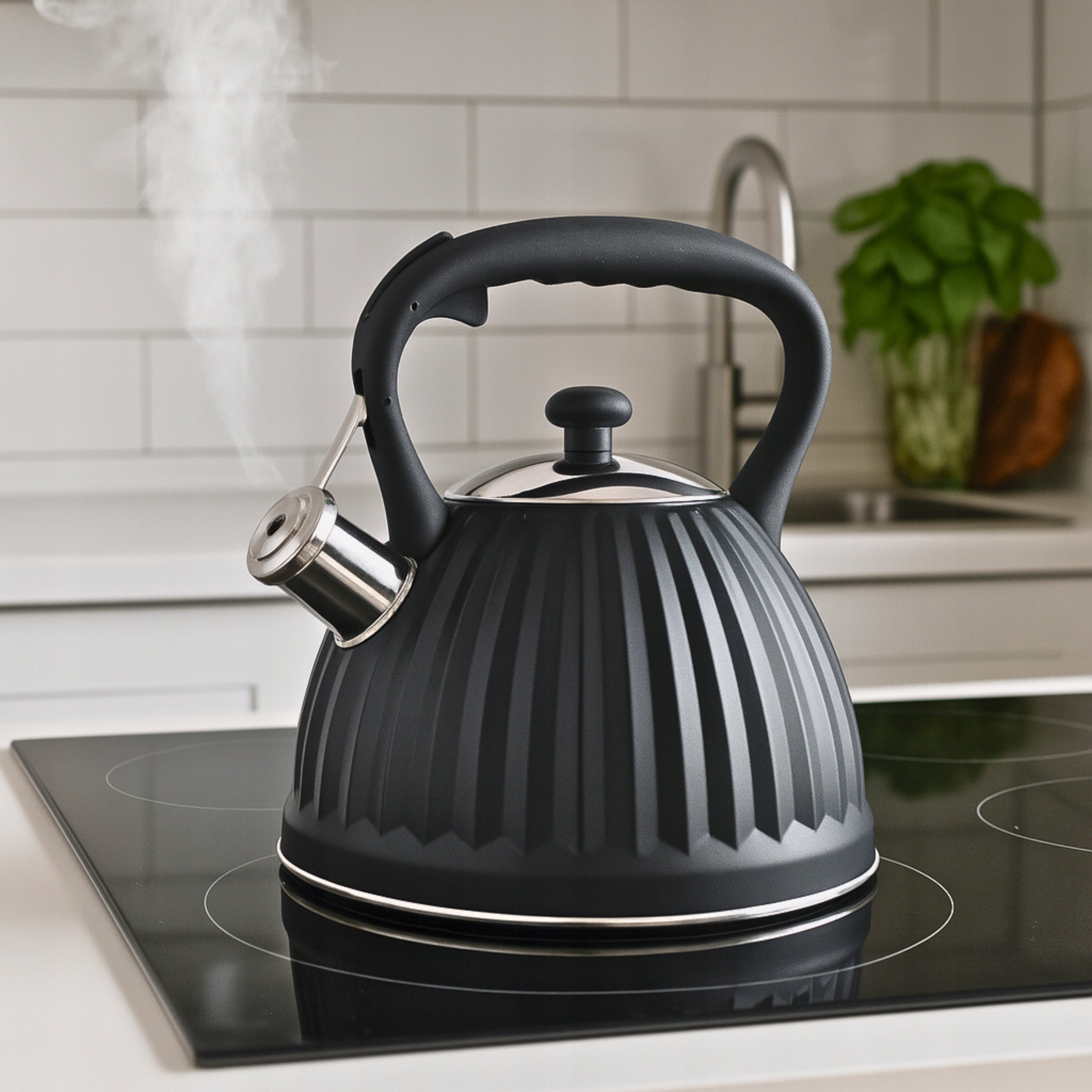 GAS KETTLE WITH WHISTLE LID 3L STEEL INDUCTION BLACK SILVER Packaging status original