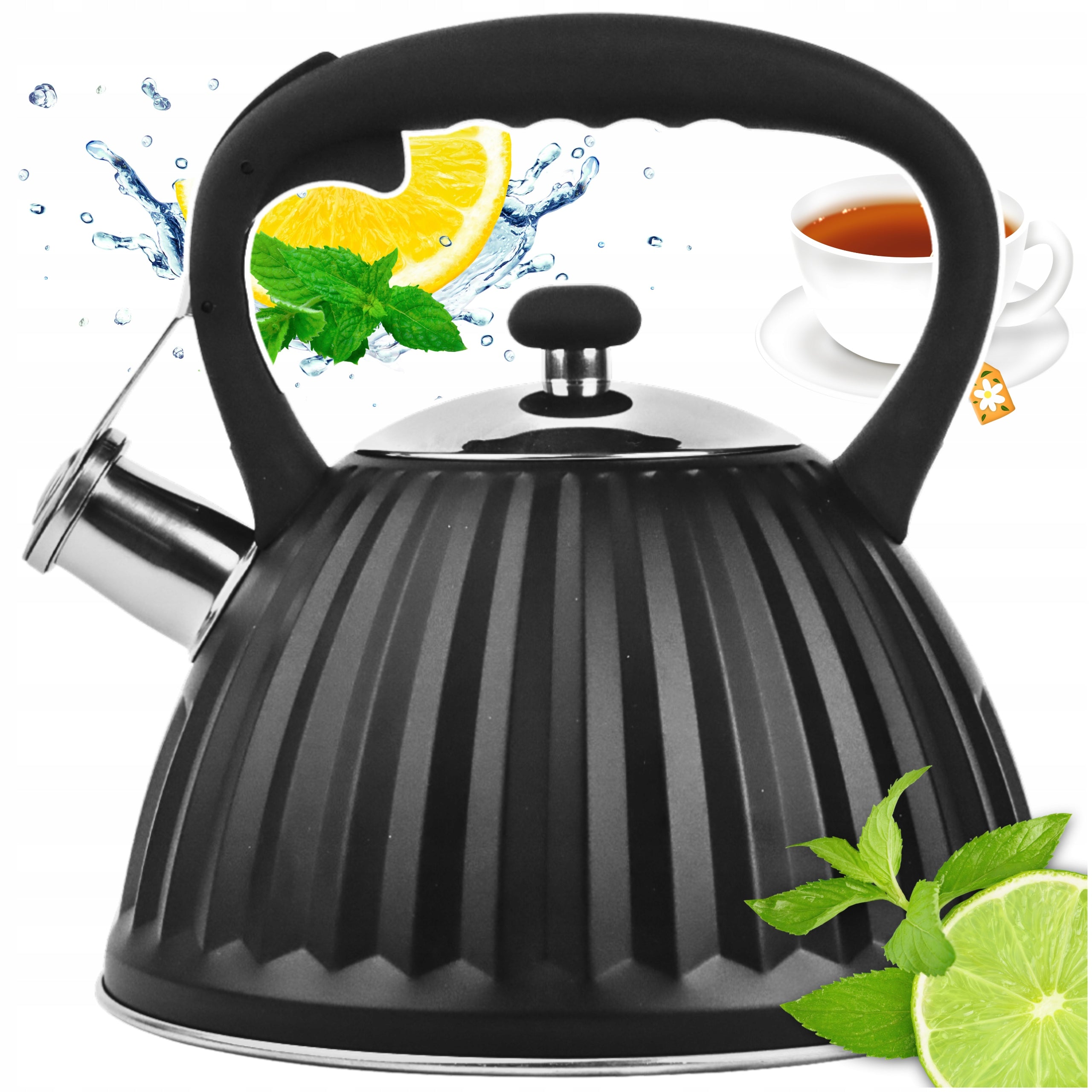GAS KETTLE WITH WHISTLE LID 3L STEEL INDUCTION BLACK SILVER