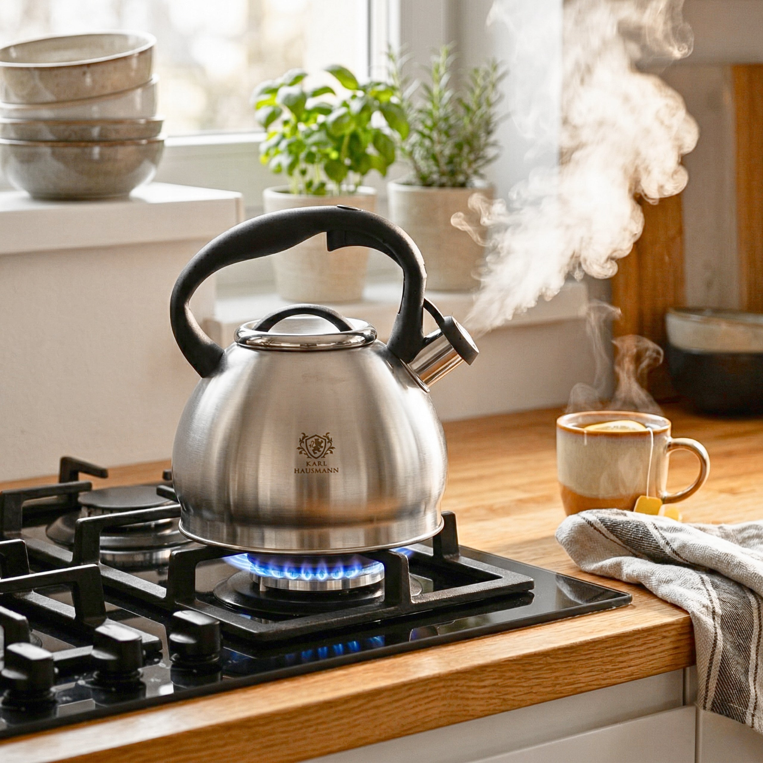 GAS KETTLE WITH WHISTLE LID 3L STEEL INDUCTION SILVER INOX Packaging status original