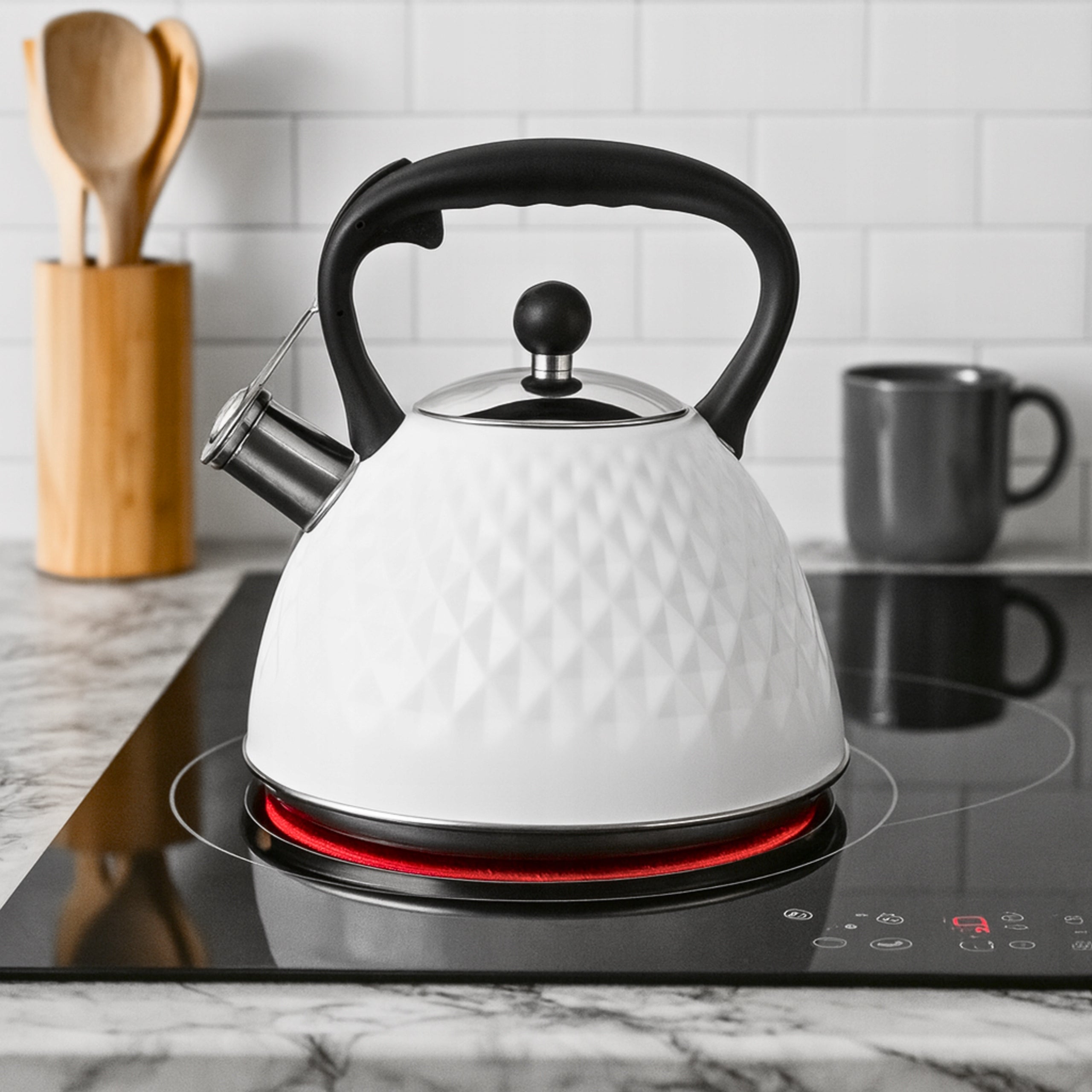 GAS KETTLE WITH WHISTLE LID 3L STEEL INDUCTION WHITE SILVER Packaging status original