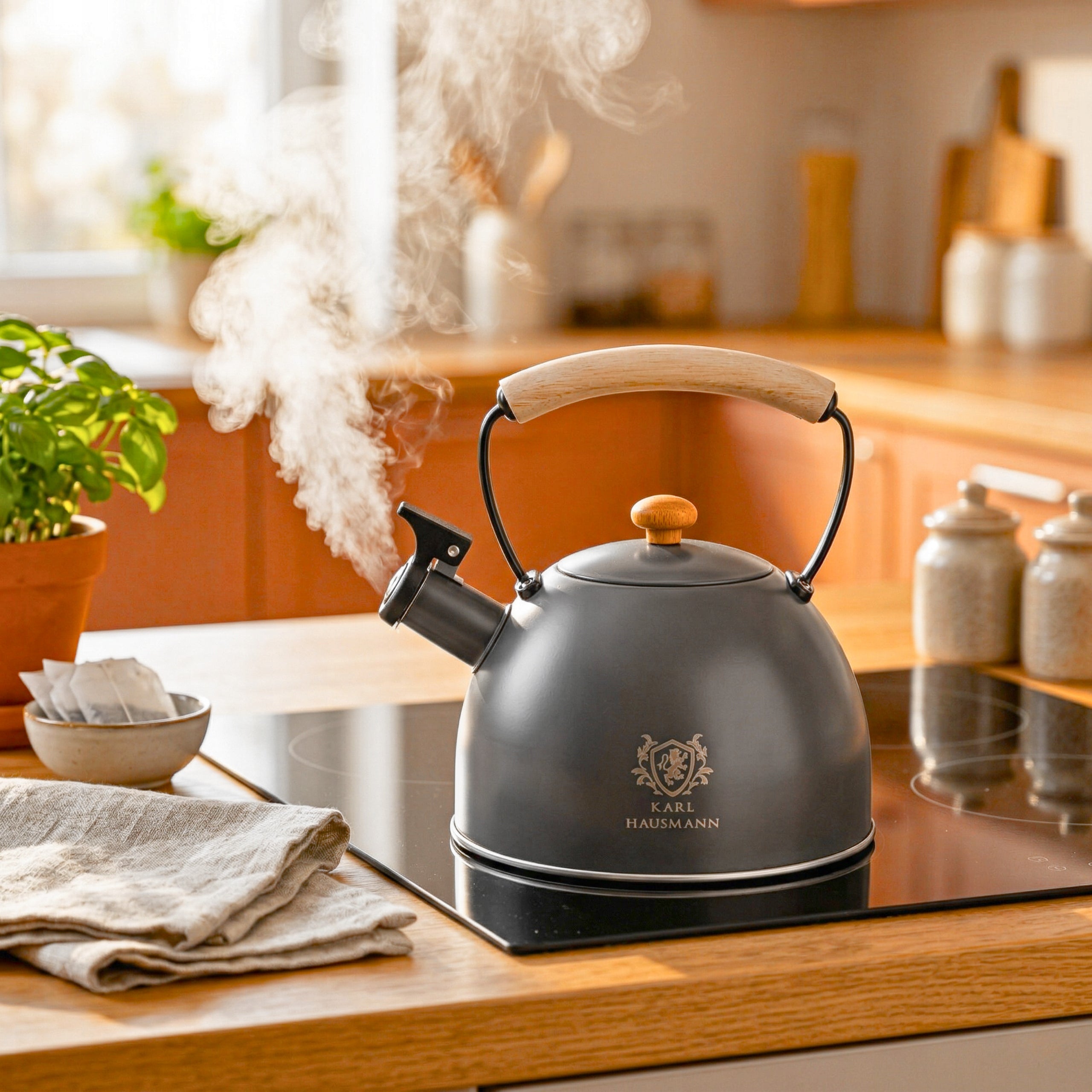 GAS STEEL KETTLE 2,5L GREY WITH WHISTLE WOODEN HANDLE INDUCTION Packaging status original