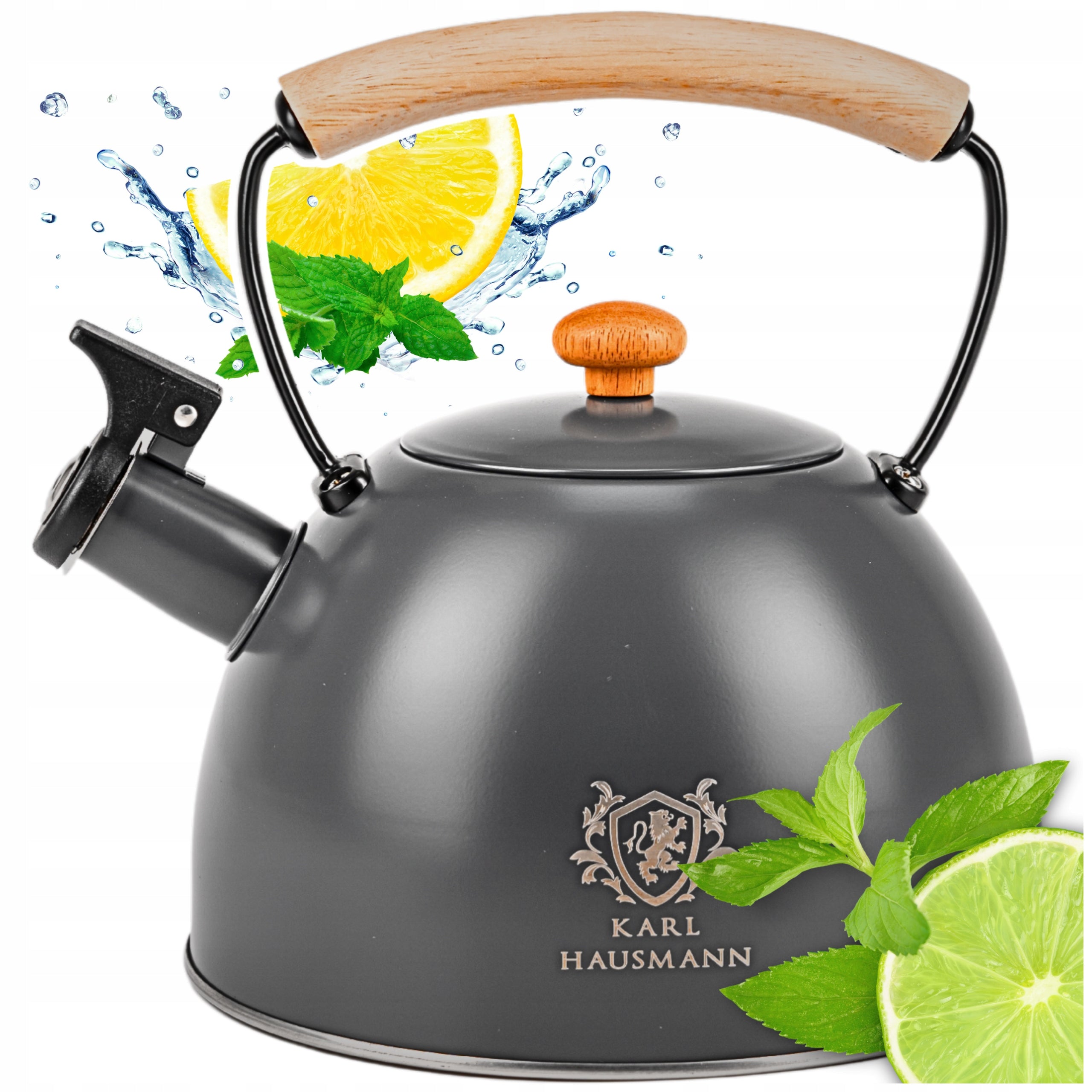 GAS STEEL KETTLE 2,5L GREY WITH WHISTLE WOODEN HANDLE INDUCTION