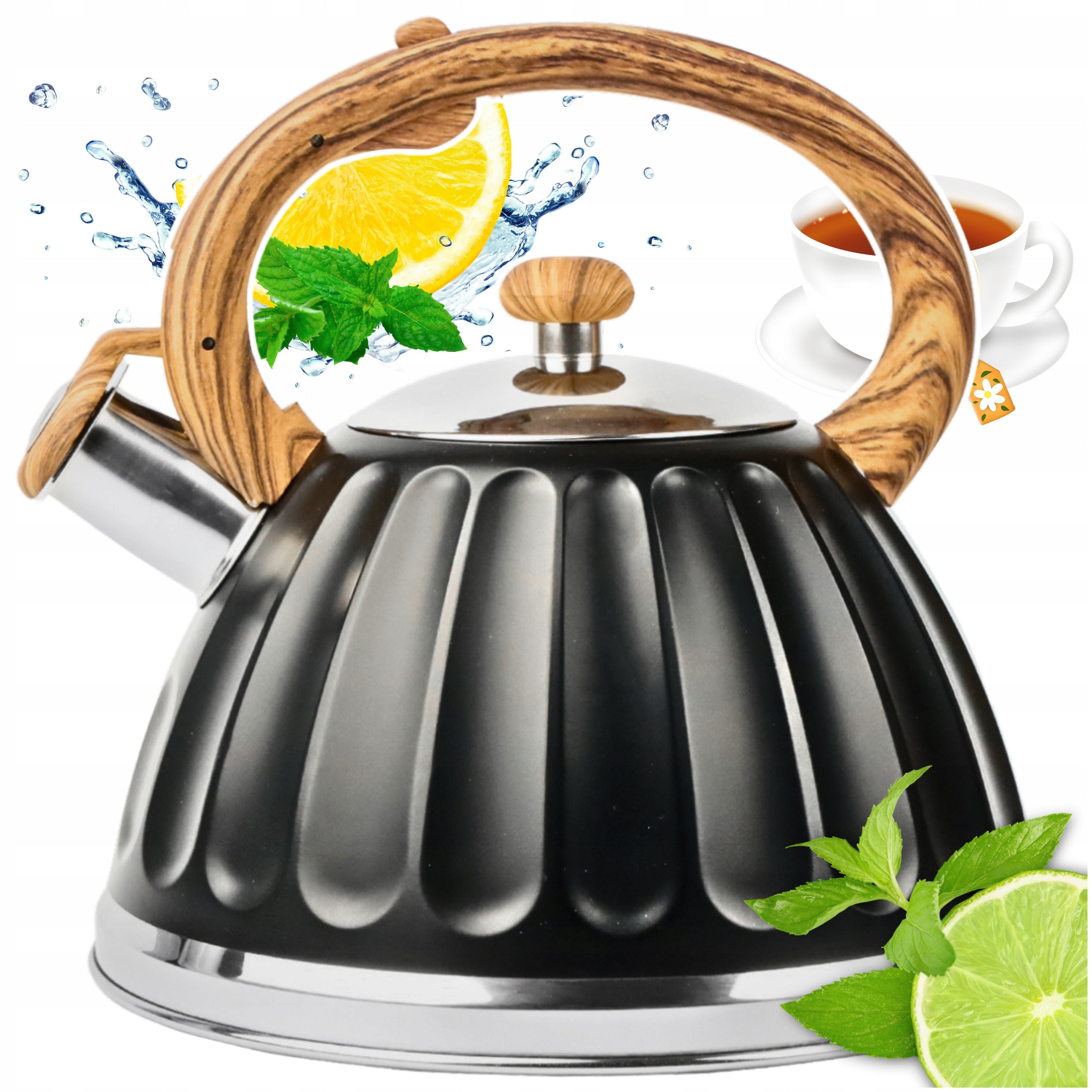 GAS STEEL KETTLE 3L BLACK WITH WHISTLE WOODEN HANDLE INDUCTION