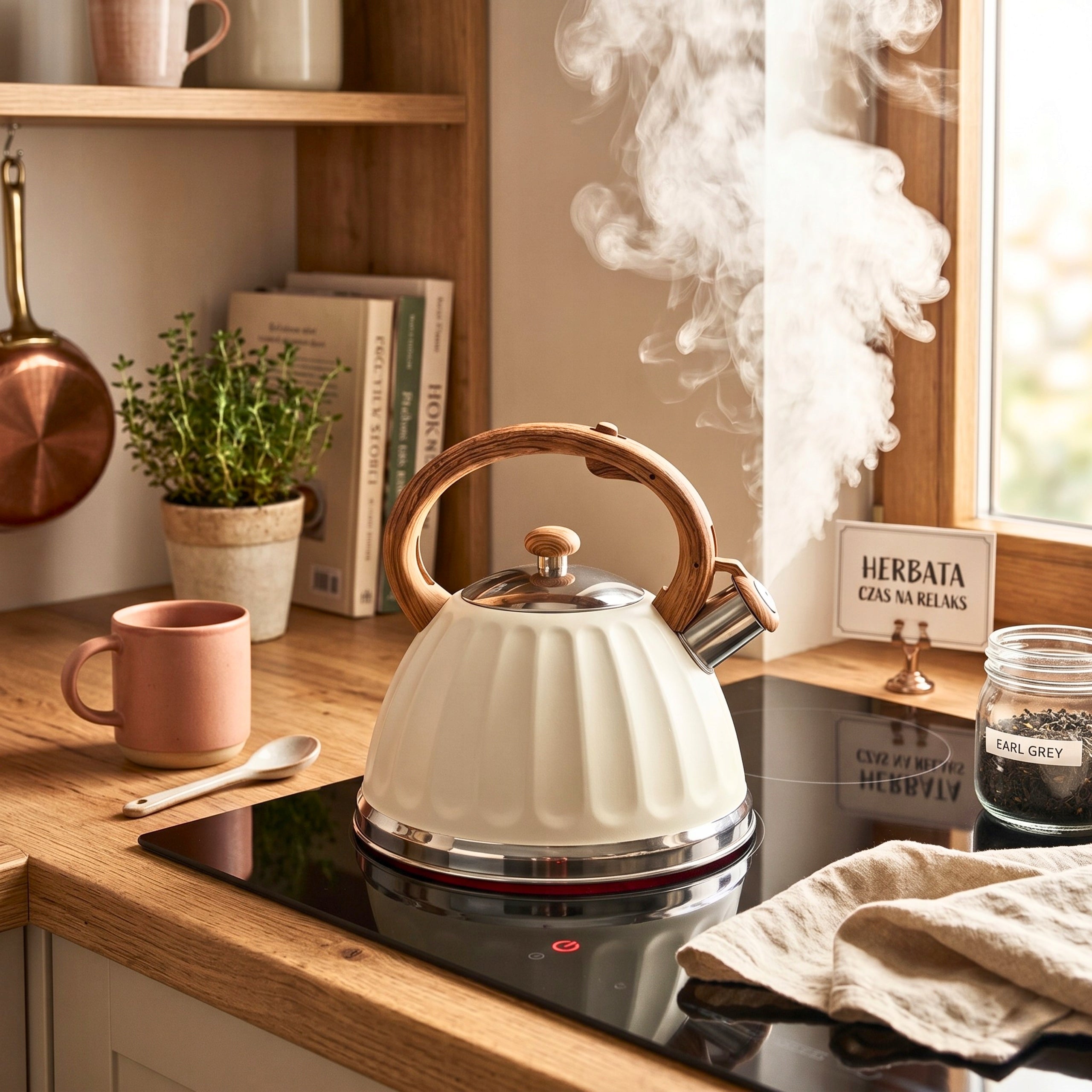 GAS STEEL KETTLE 3L CREAM WITH WHISTLE WOOD-LIKE HANDLE INDUCTION Packaging status original