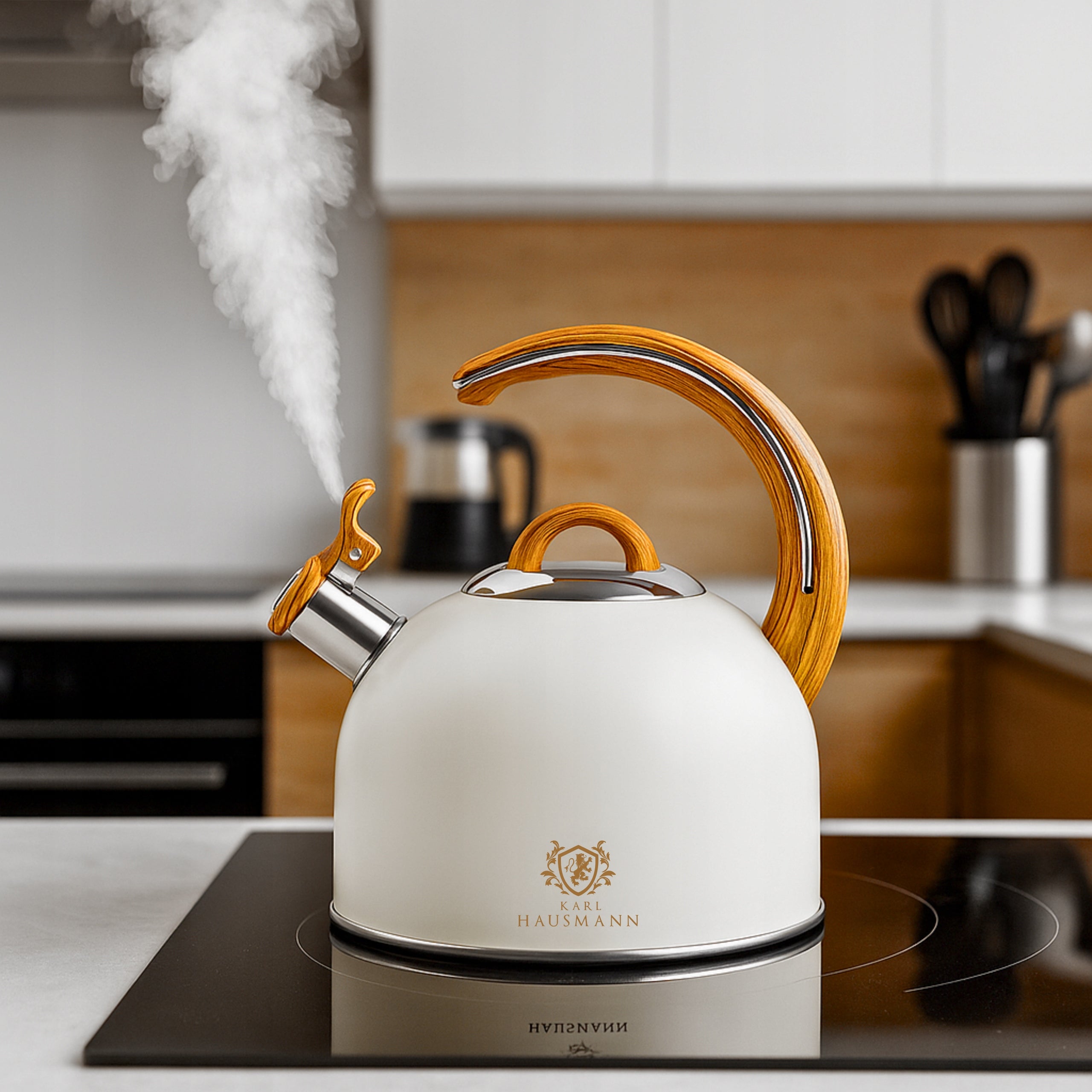 GAS STEEL KETTLE 3L CREAM WITH WHISTLE WOOD-LIKE HANDLE INDUCTION Packaging status original