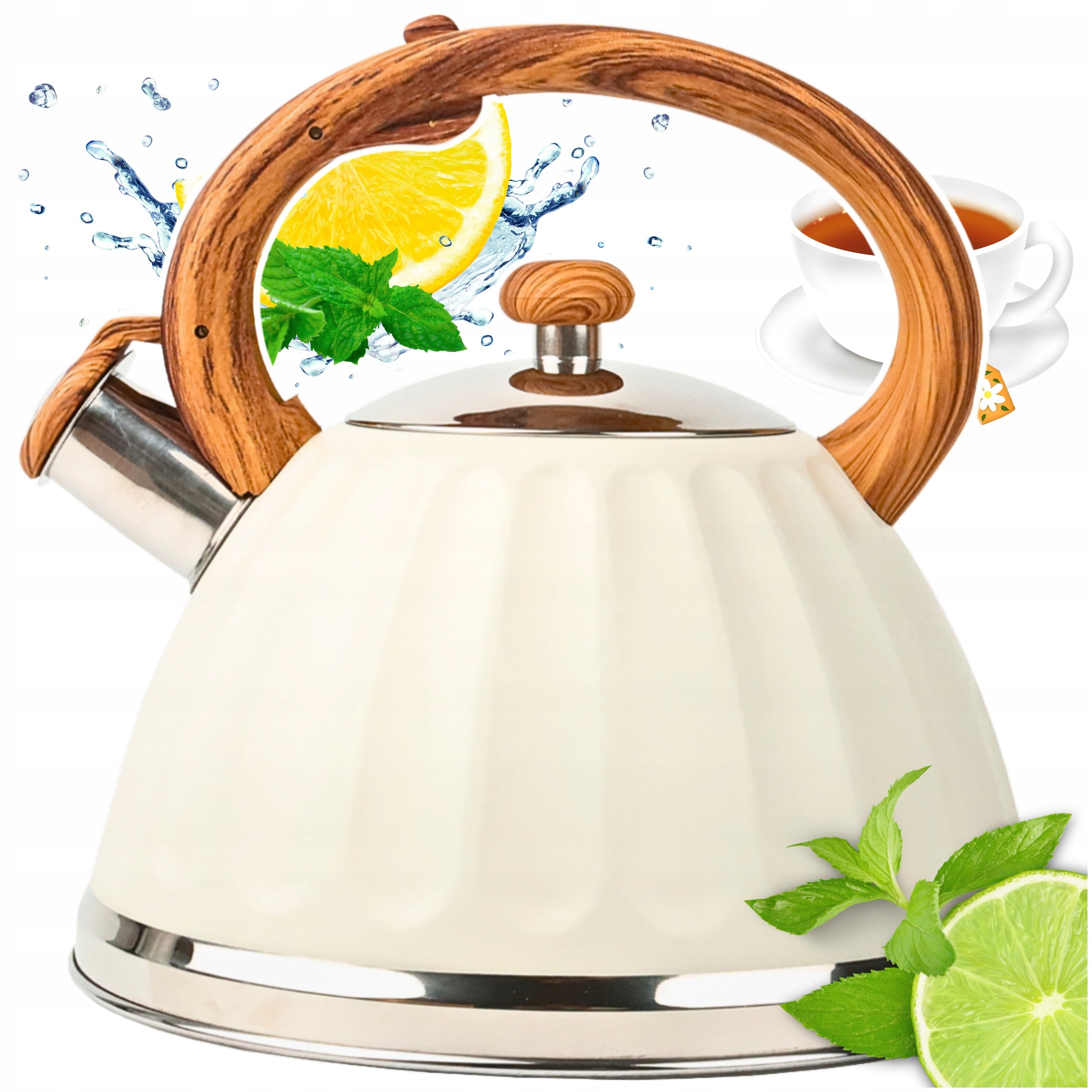 GAS STEEL KETTLE 3L CREAM WITH WHISTLE WOOD-LIKE HANDLE INDUCTION