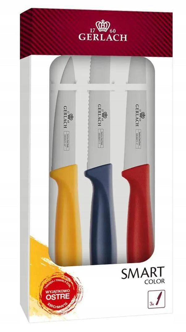 GERLACH SET OF 3 KITCHEN KNIVES SERRATED STEAK VEGETABLES BREAD SMART Packaging status original