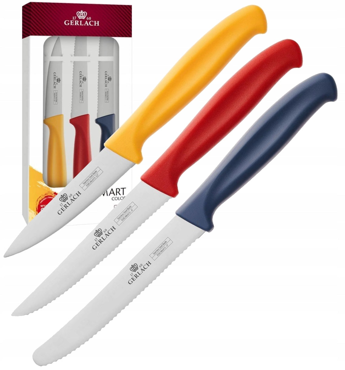GERLACH SET OF 3 KITCHEN KNIVES SERRATED STEAK VEGETABLES BREAD SMART
