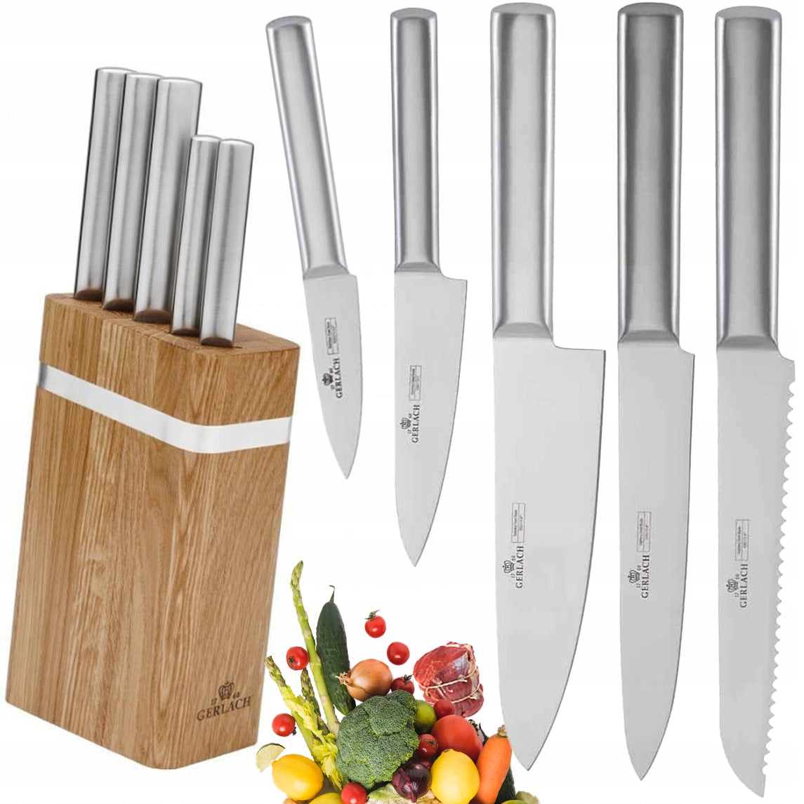 GERLACH SET OF 5 KITCHEN KNIVES VEGETABLES MEAT WOODEN BLOCK AMBIENTE OAK