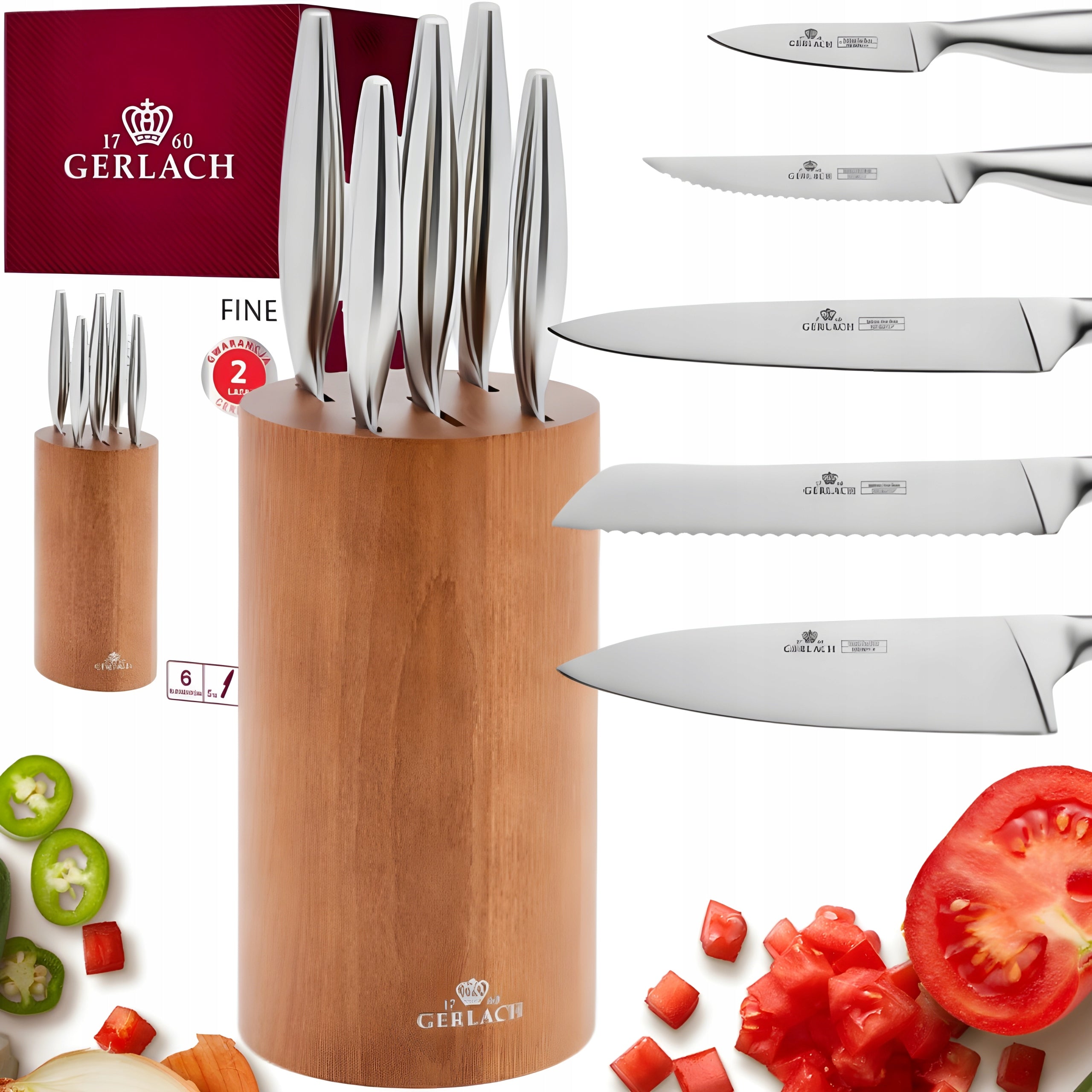 GERLACH SET OF 5 SHARP STEEL KNIVES BOSS IN WOODEN BLOCK FINE