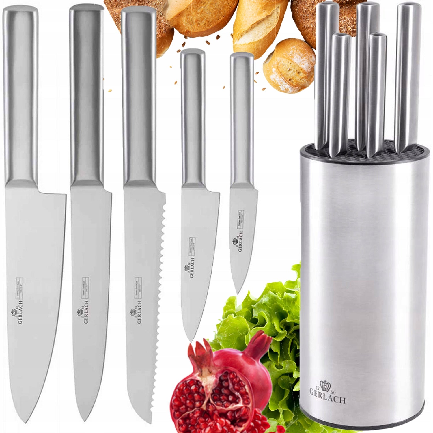 GERLACH SET OF 5x ALL-STEEL KITCHEN KNIVES IN BLOCK SHARP AMBIENTE NK983