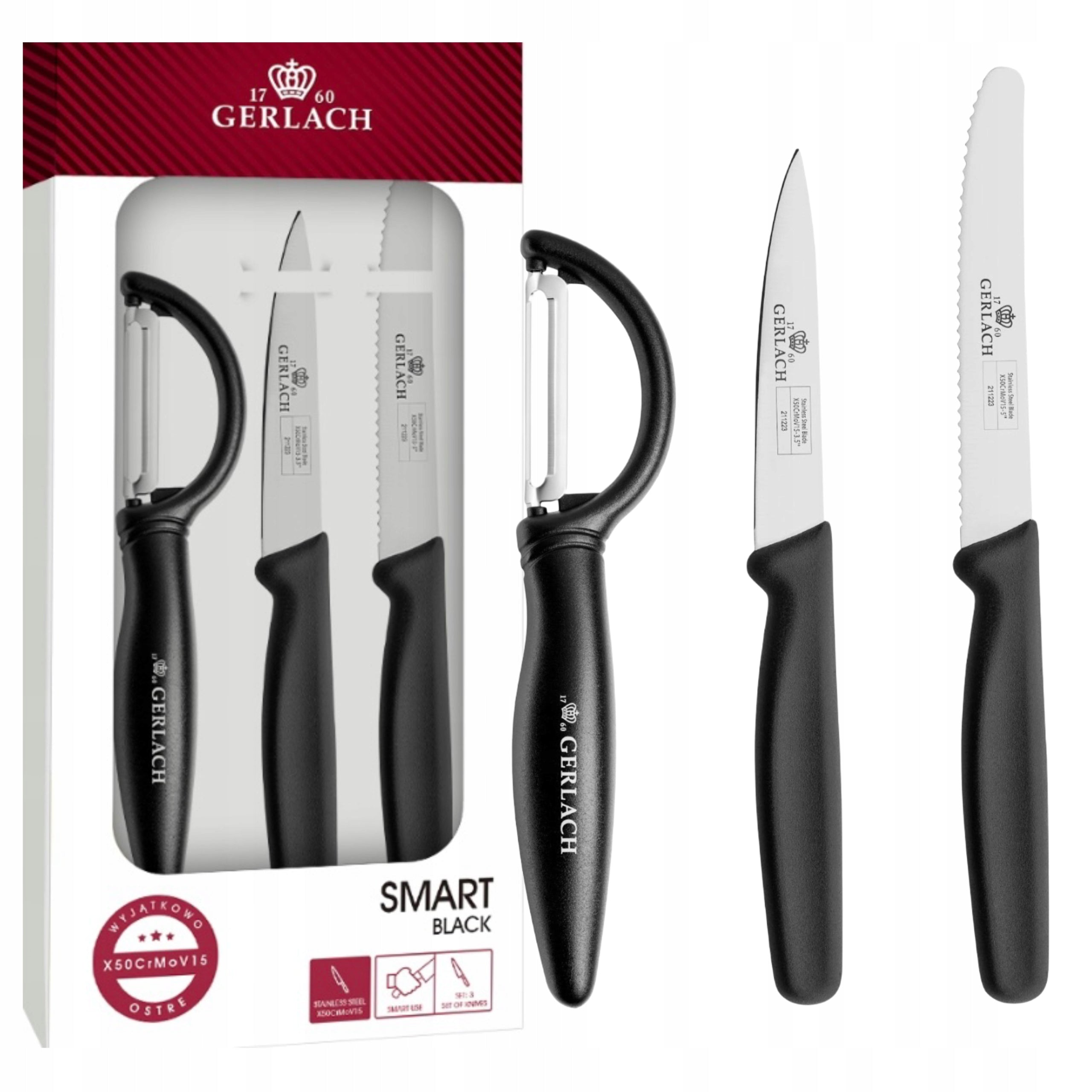 GERLACH SMART COLOR SET OF 3 KITCHEN KNIVES WITH PEELER IN A BOX