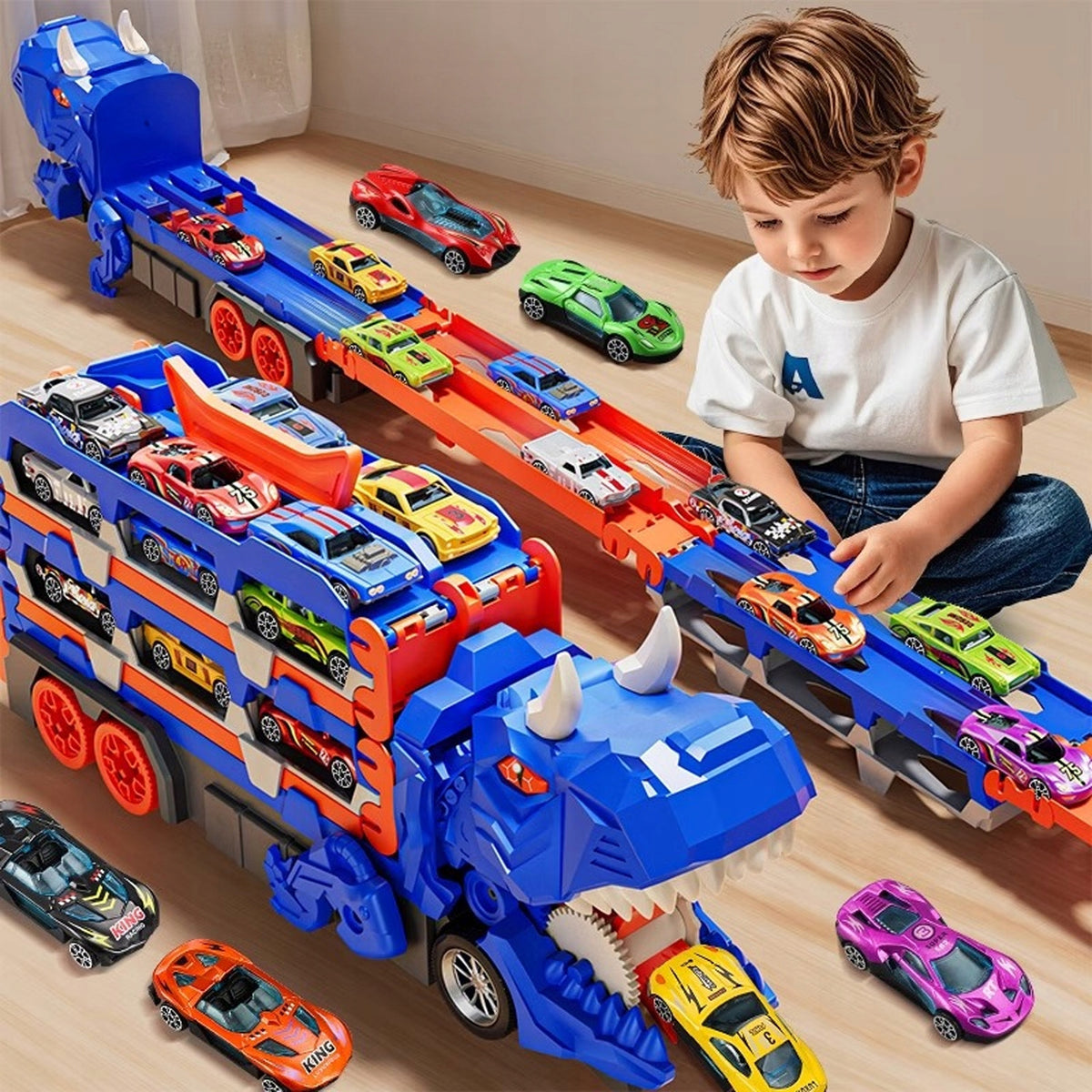 GIANT TYRANNOSAURUS TOY CAR TRACK CAR TRANSPORTER DINOSAUR Packaging status original