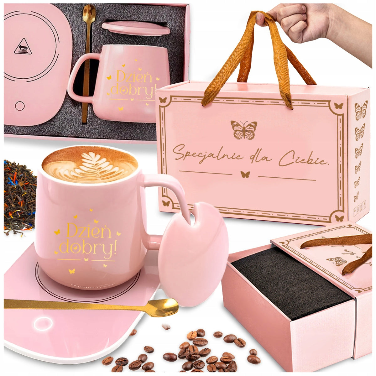 GIFT SET USB HEATER CUP LID COFFEE SPOON PINK