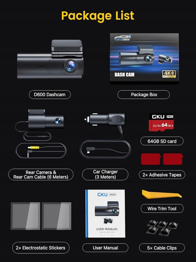 GKU Car Camera 4K 2.5K Front Rear WiFi 64GB SD Card Night Mode Brand GKU