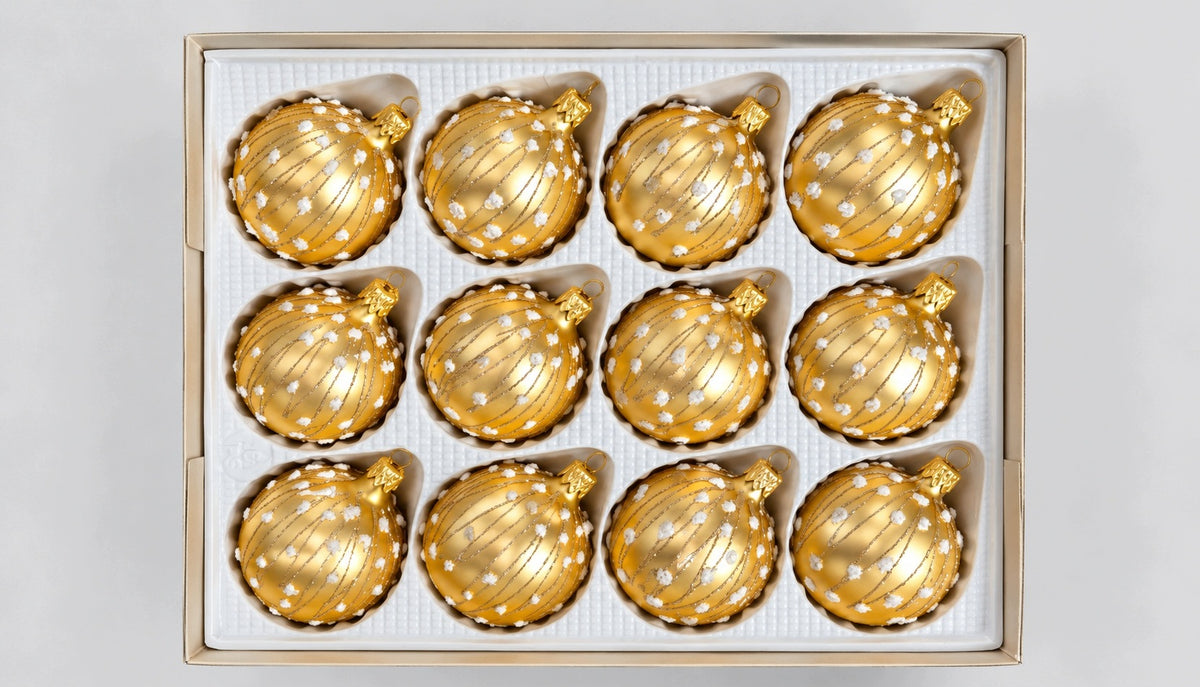 GLASS CHRISTMAS BALLS DECORATED GOLD 12 PIECES 6 CM RICHLY DECORATED