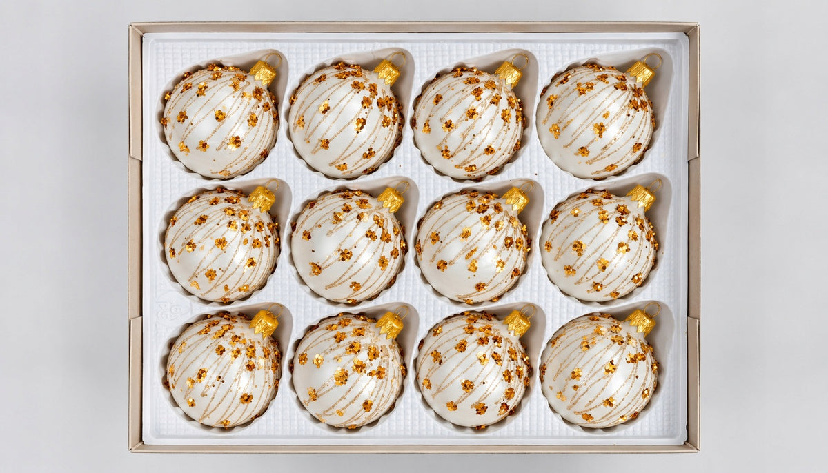 GLASS CHRISTMAS BALLS DECORATED WHITE PEARL 12PCS 6 CM RICHLY DECORATED