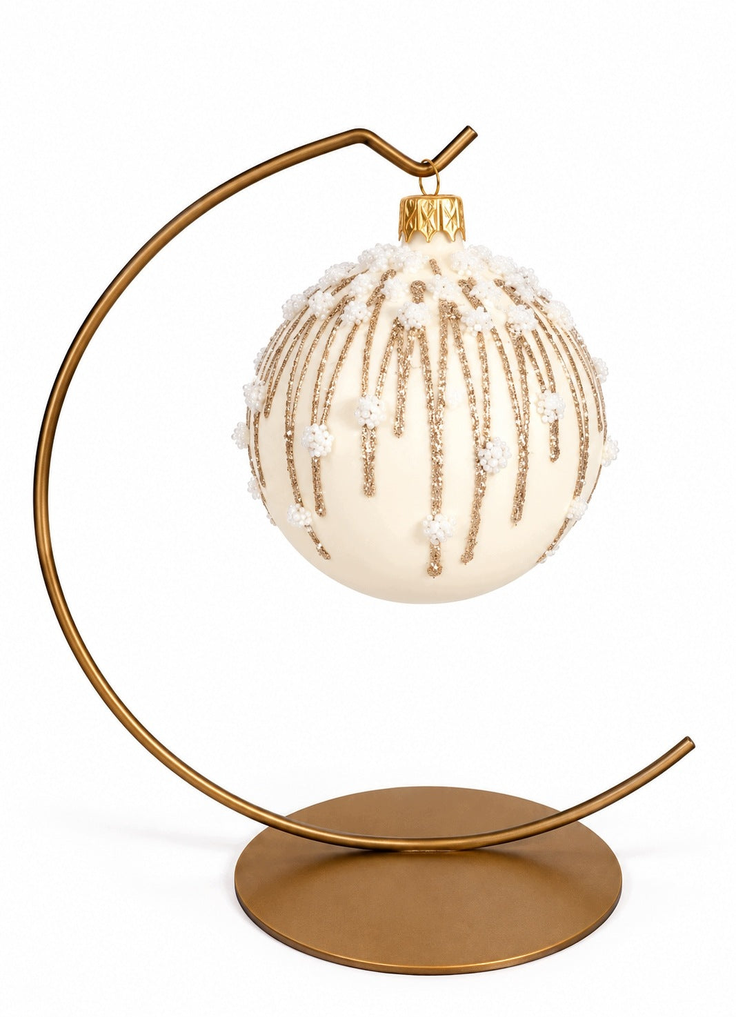 GLASS CHRISTMAS BALLS RICHLY DECORATED WHITE MAT GOLD DECOR 8 CM Packaging status original