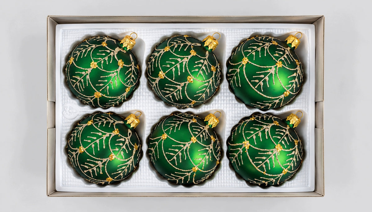 GLASS CHRISTMAS TREE BAUBLES DARK DEEP HERB RICHLY DECORATED 8CM 6PCS