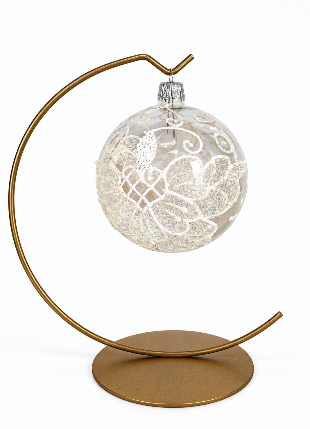 GLASS CHRISTMAS TREE BAUBLES LACE WHITE RICHLY DECORATED 8 CM 6PCS Packaging status original