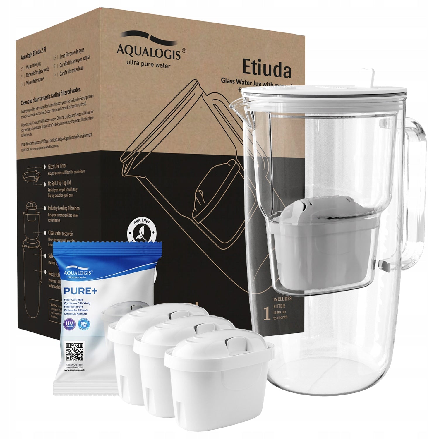 GLASS FILTER JUG + 3 CARTRIDGES WATER FILTERS Pure+ WHITE 2.9L Packaging status original
