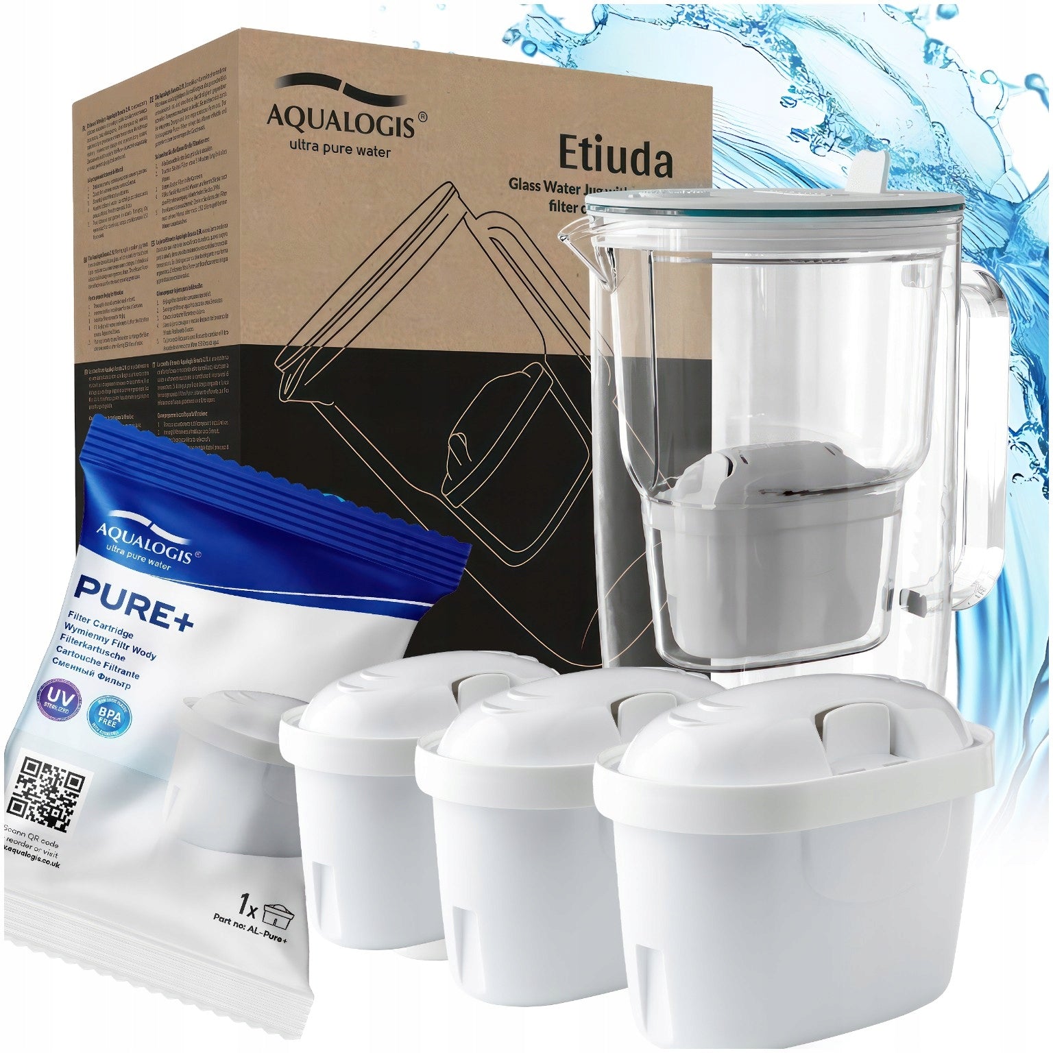 GLASS FILTER JUG + 3 CARTRIDGES WATER FILTERS Pure+ WHITE 2.9L