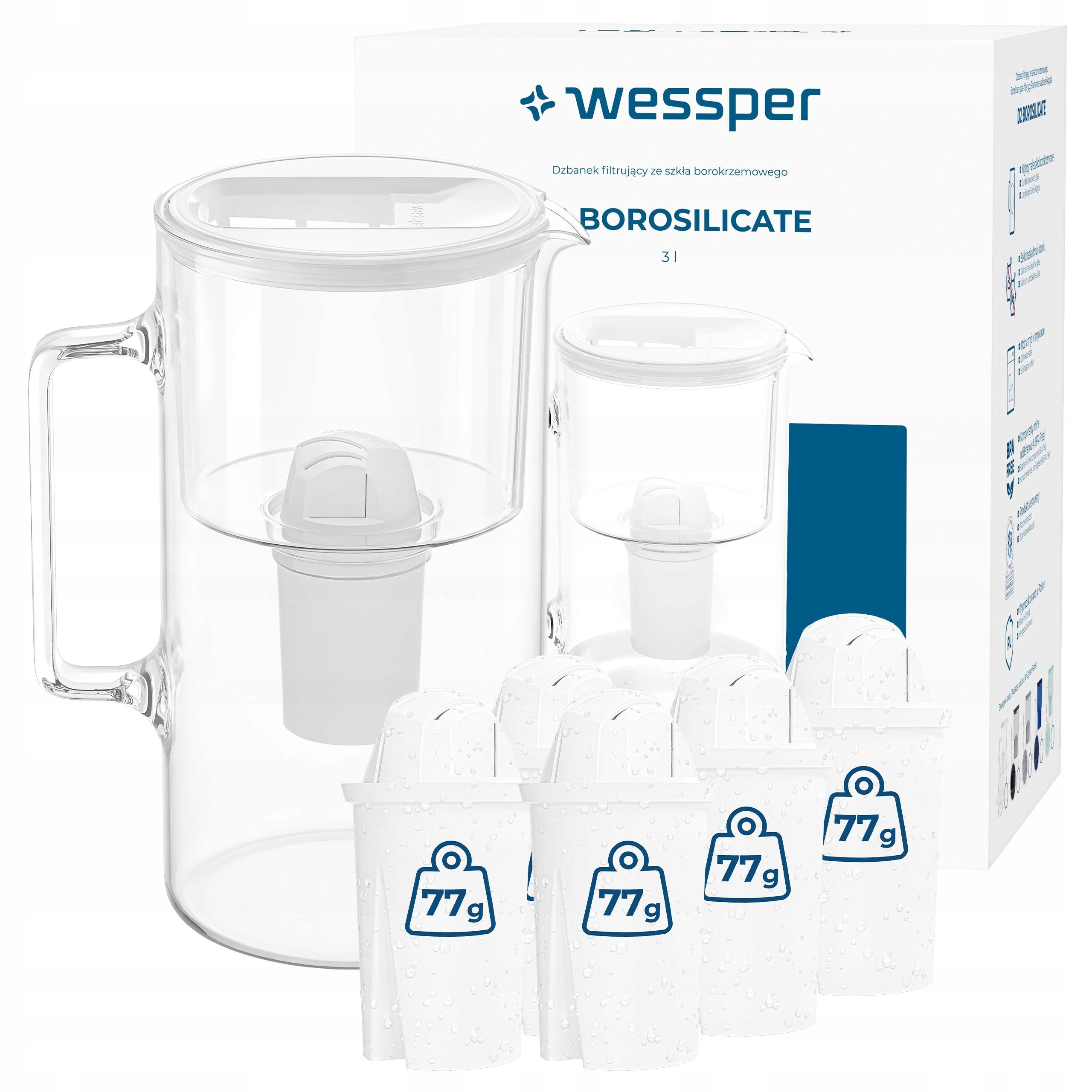 GLASS JUG WESSPER D2 BOROSILICATE AQUACLASSIC 3l + 6x Filter Cartridge