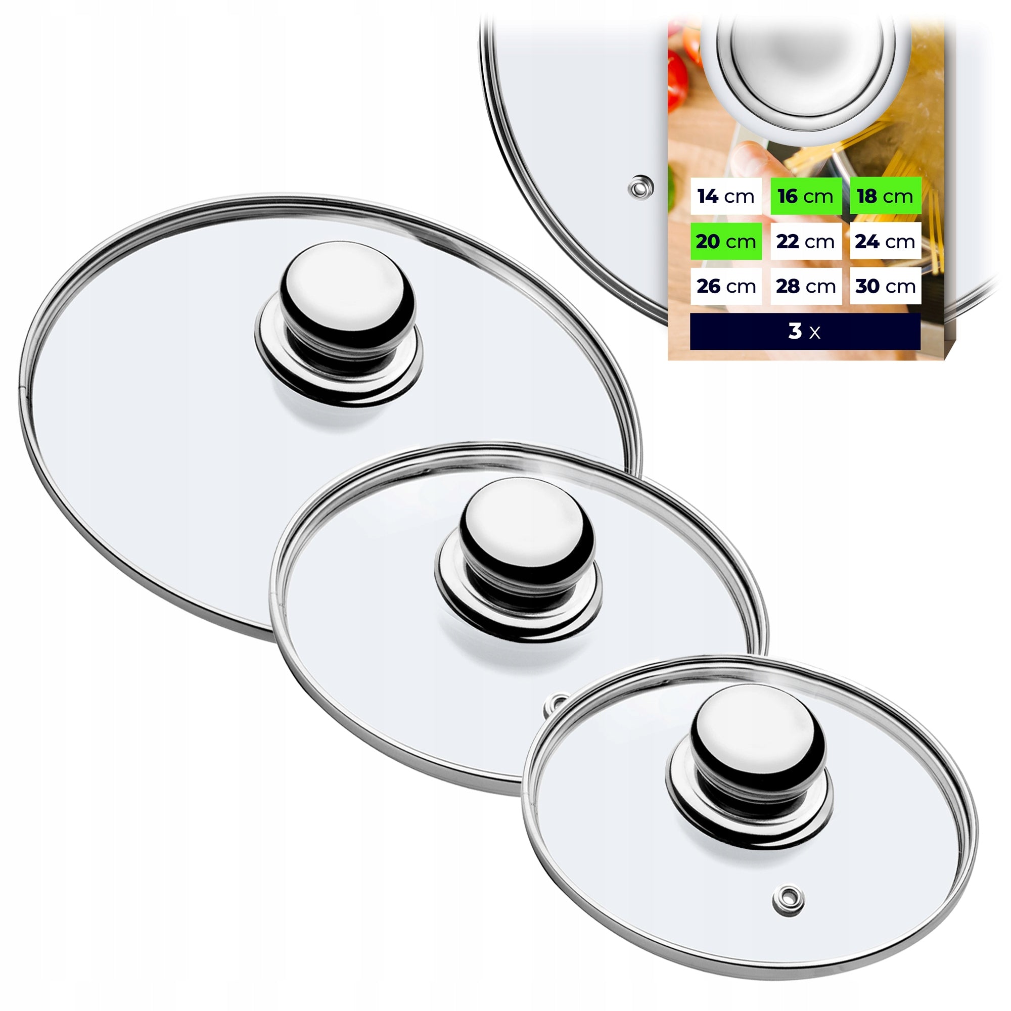 GLASS LID 16/18/20 cm SET OF LID FOR HEAT-RESISTANT PAN POT