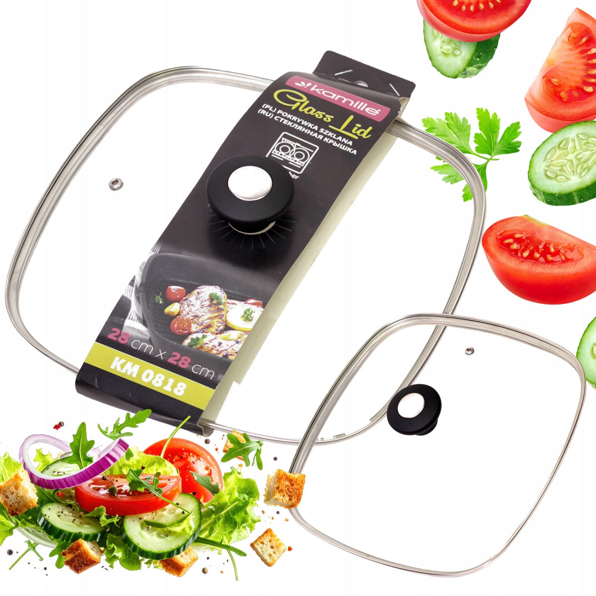 GLASS LID 28 cm COVER FOR GRILL PAN POT KAMILLE