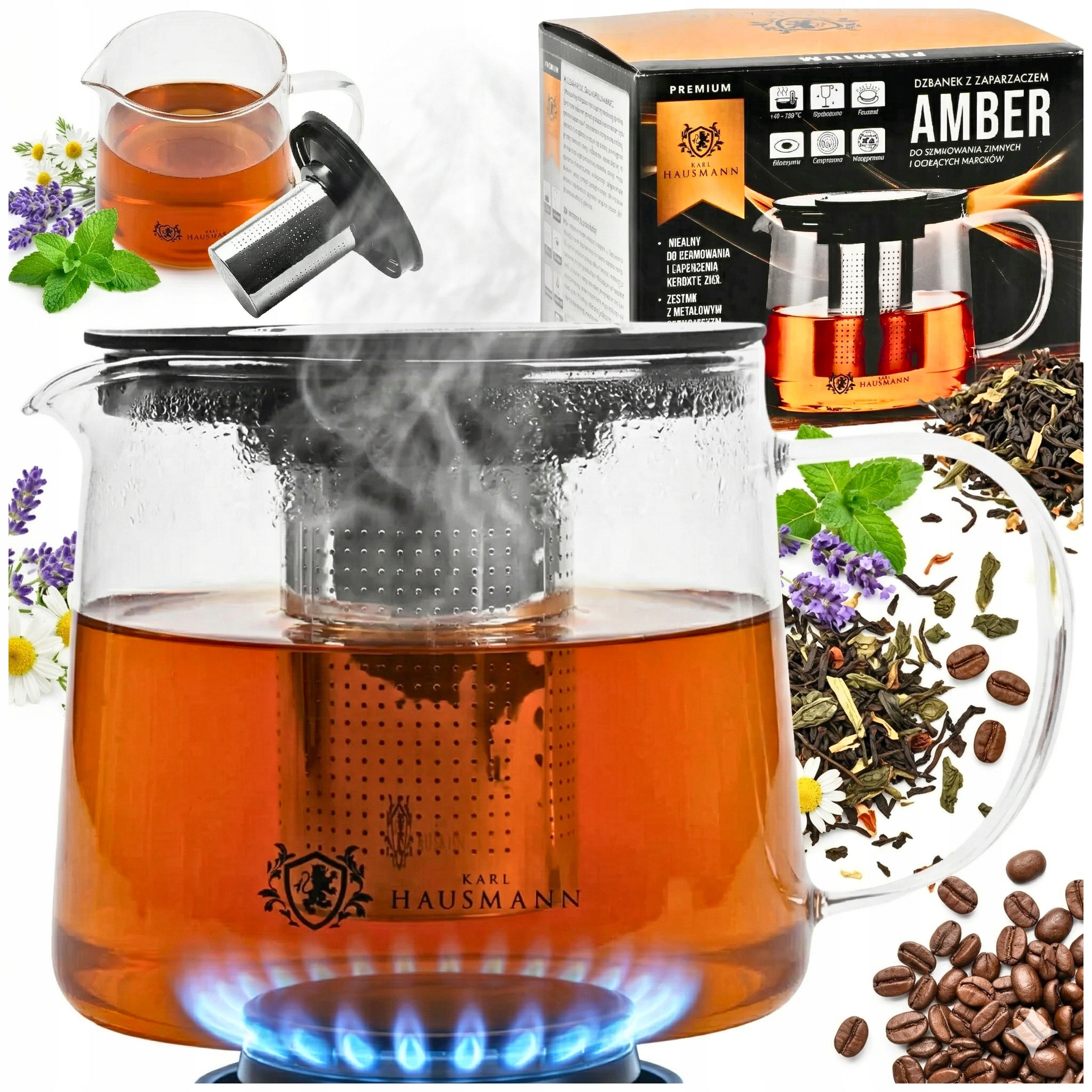 GLASS TEA POT COFFEE HERBS WITH INFUSER 1,0L HEAT RESISTANT GAS