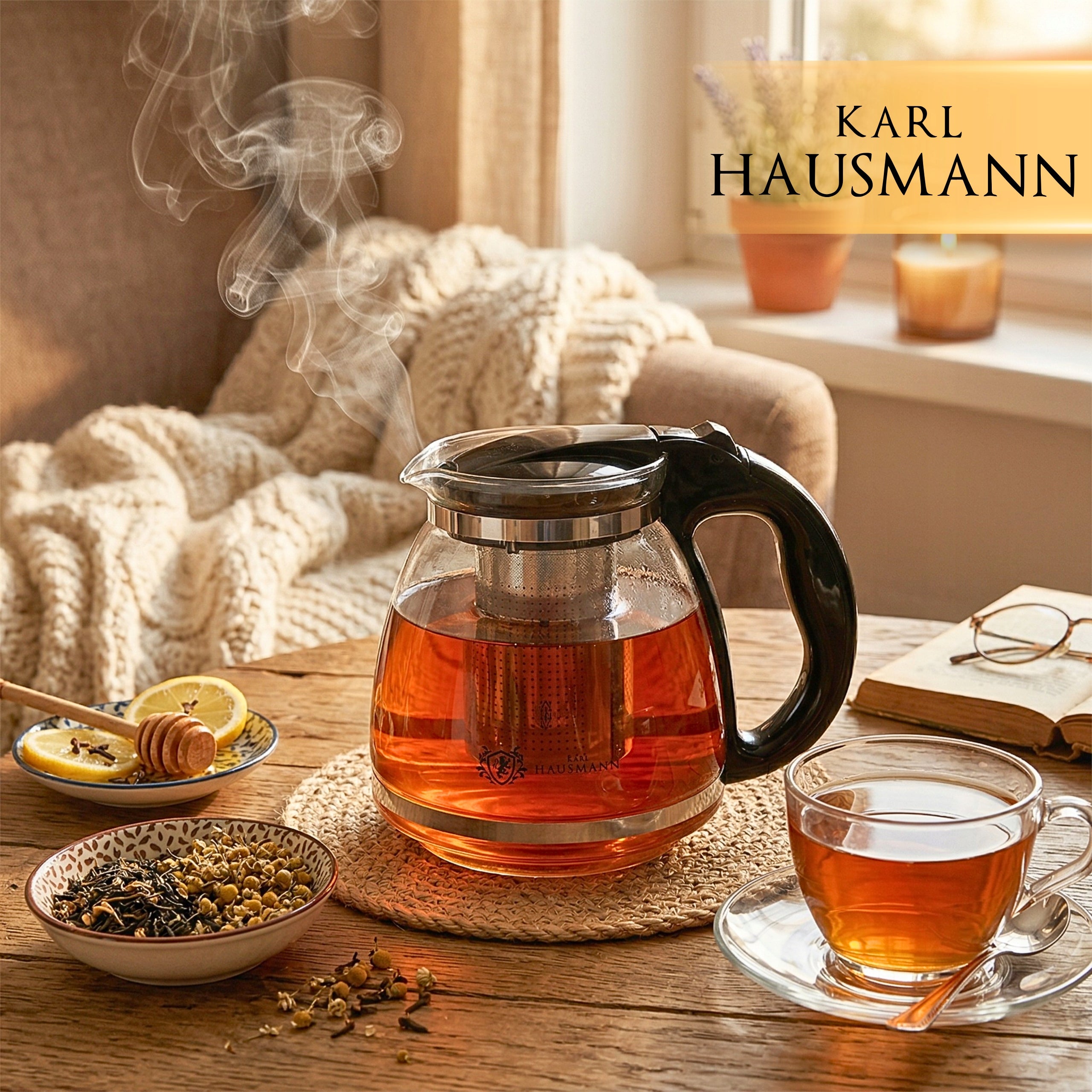 GLASS TEA POT COFFEE HERBS WITH INFUSER 1,5L HEAT RESISTANT INFUSIONS Packaging status original