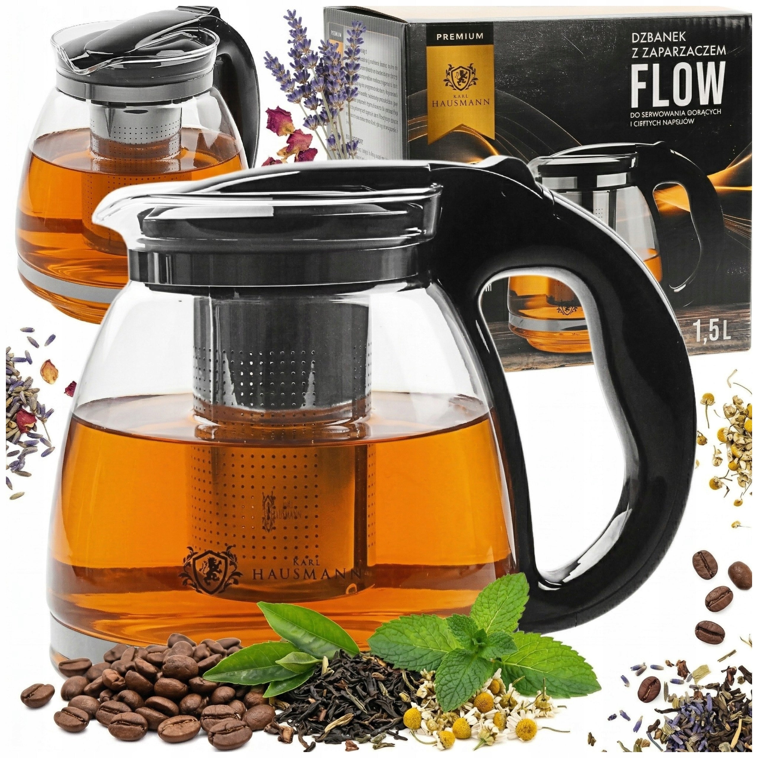 GLASS TEA POT COFFEE HERBS WITH INFUSER 1,5L HEAT RESISTANT INFUSIONS