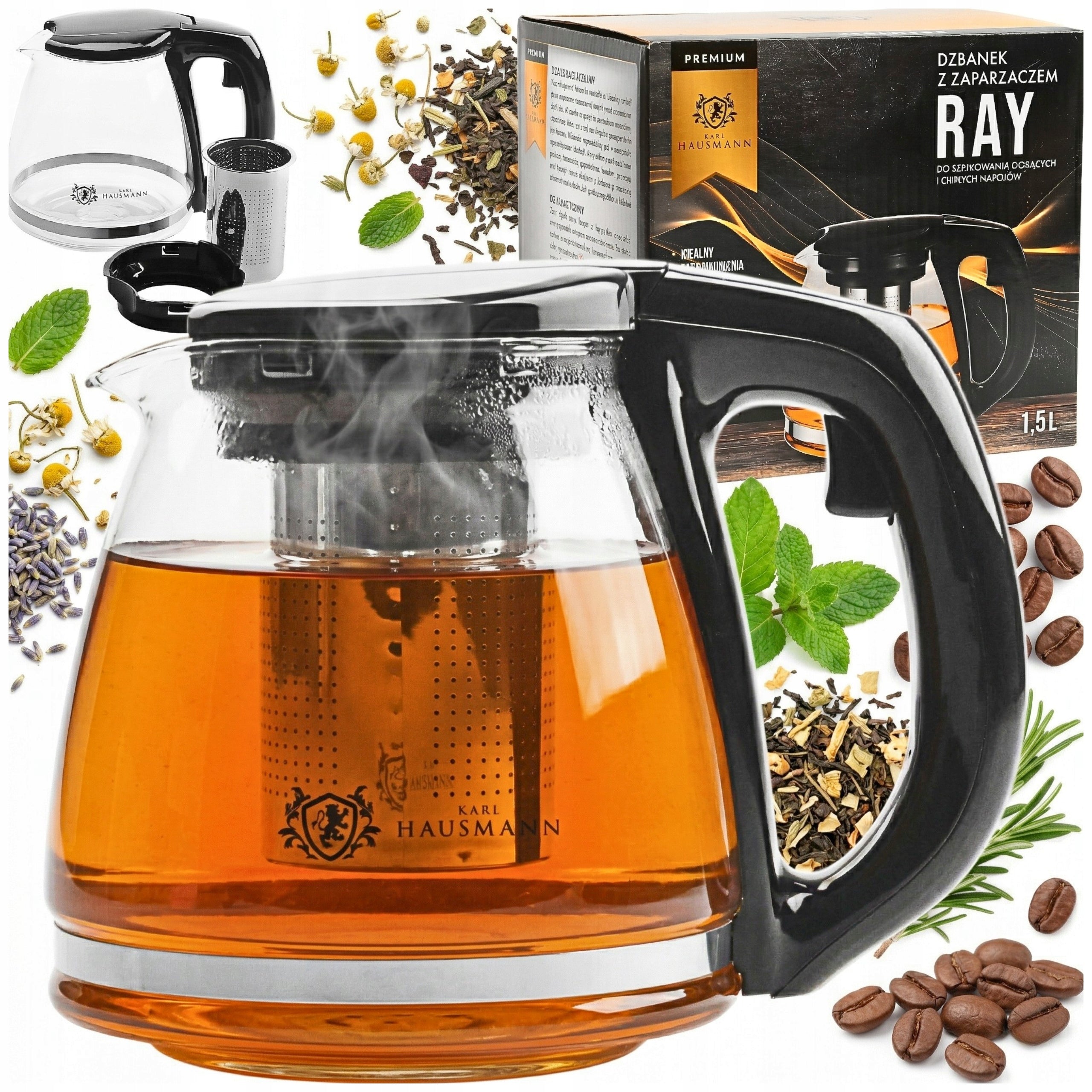 GLASS TEA POT COFFEE HERBS WITH INFUSER 1,5L HEAT RESISTANT INFUSIONS