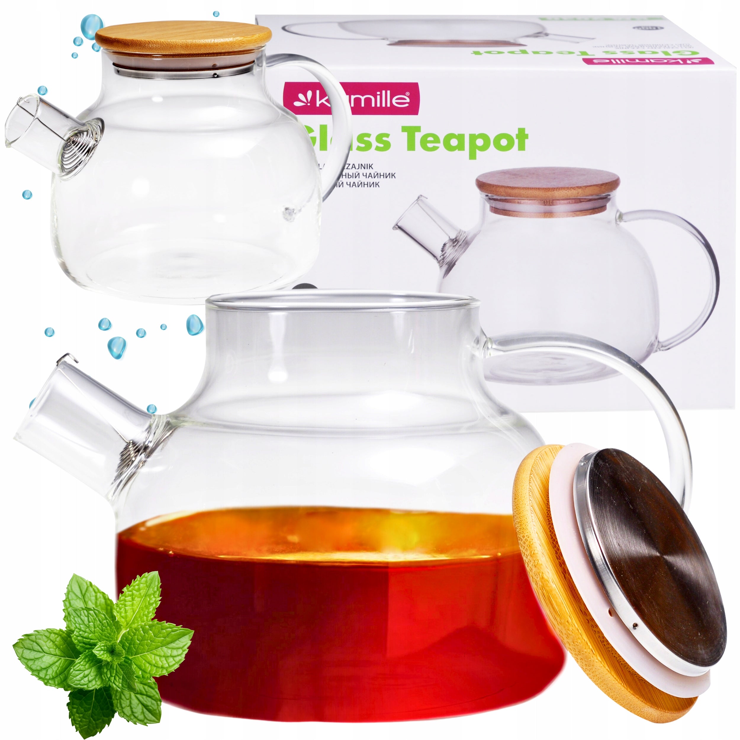 GLASS TEA POT HERBS INFUSER WITH SPRING LID 1,2l KAMILLE
