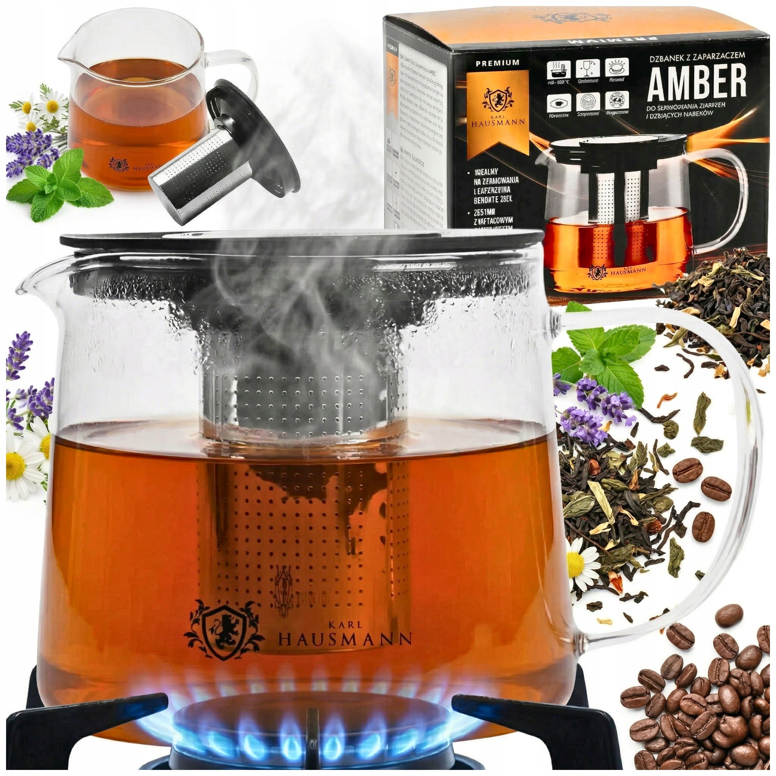 GLASS TEA POT OF COFFEE HERBS WITH INFUSER 1,5L HEAT RESISTANT TO GAS