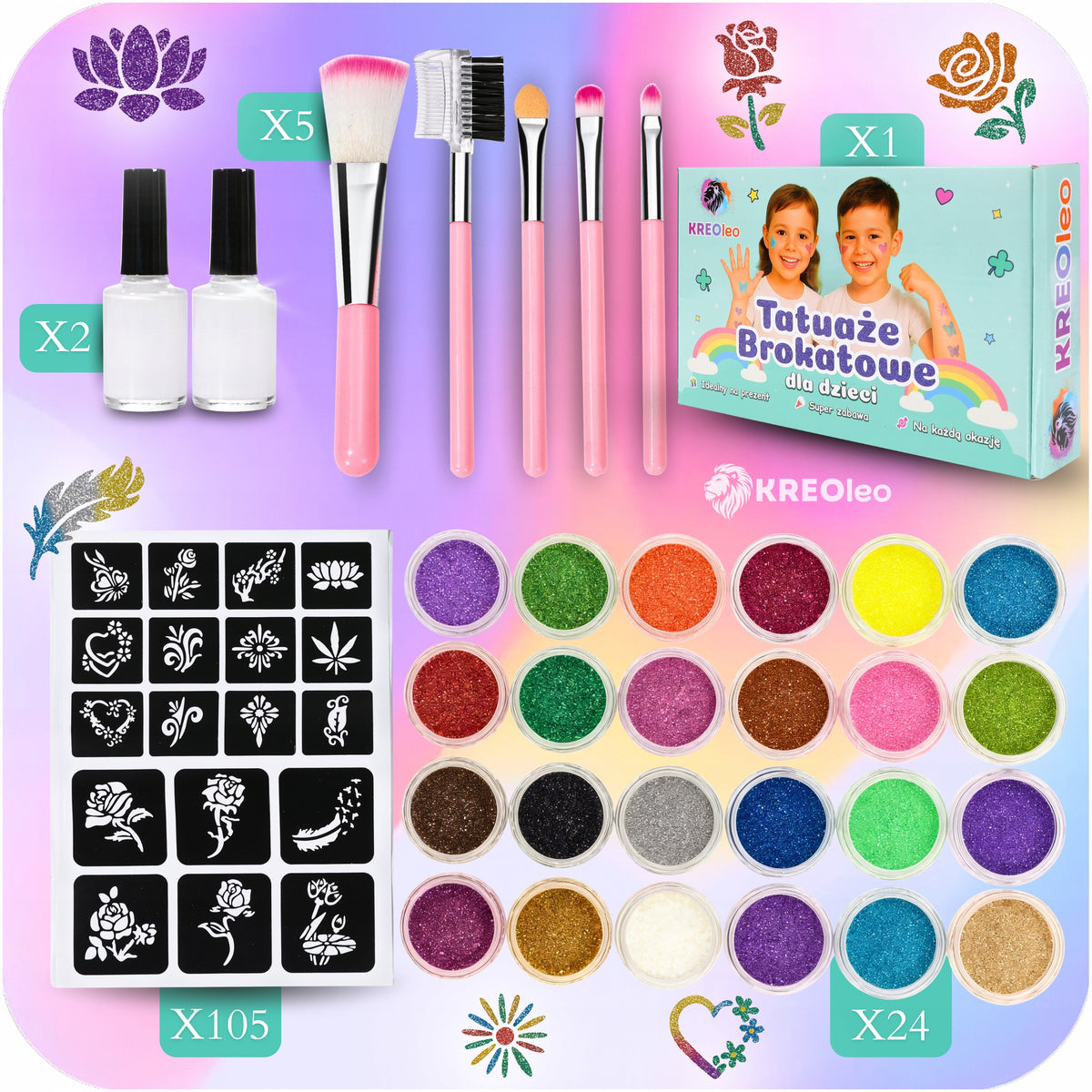 GLITTER TATTOOS LARGE TATTOO MAKING KIT TEMPLATES WASHABLE GLITTERS Manufacturer code DUŻY ZESTAW DO ROBIENIA TATUAŻY