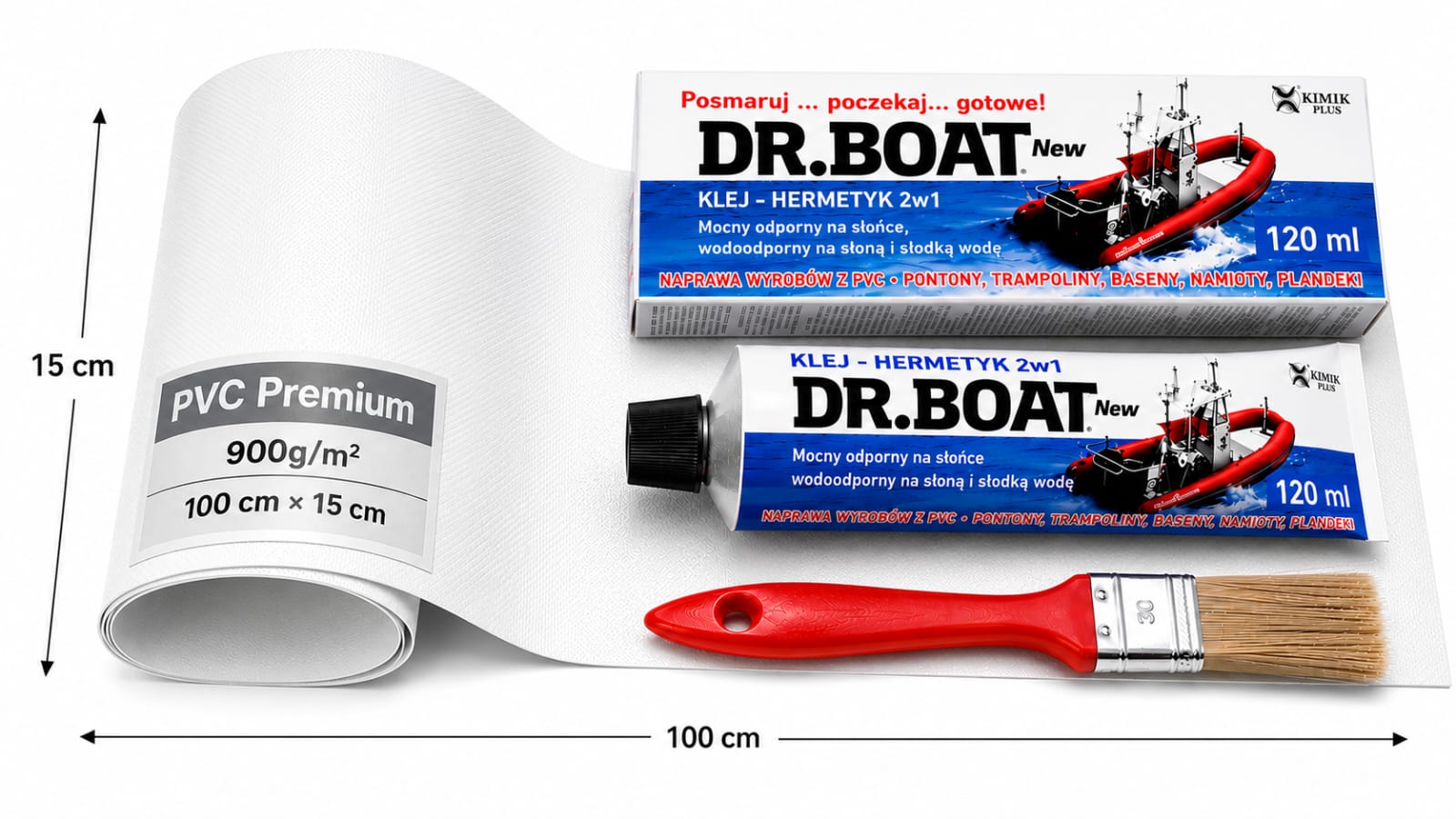 GLUE 120 ml + LARGE PATCH 1m x 15 cm REPAIR KIT PONTOON TARPAULIN Manufacturer code ZN-DRB-120/L1
