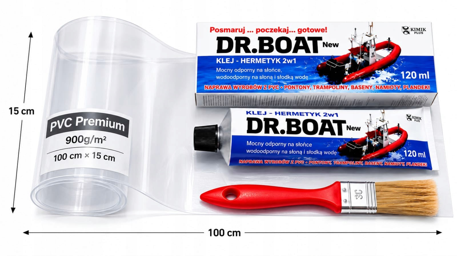 GLUE 120 ml + LARGE PATCH 1m x 15 cm REPAIR KIT PONTOON TARPAULIN