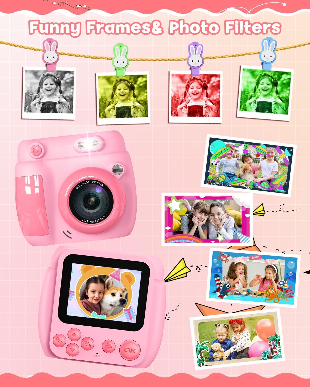 GOFUNLY KIDS CAMERA WITH PRINTER 1080P 32GB 3 ROLLS PINK Manufacturer code 011
