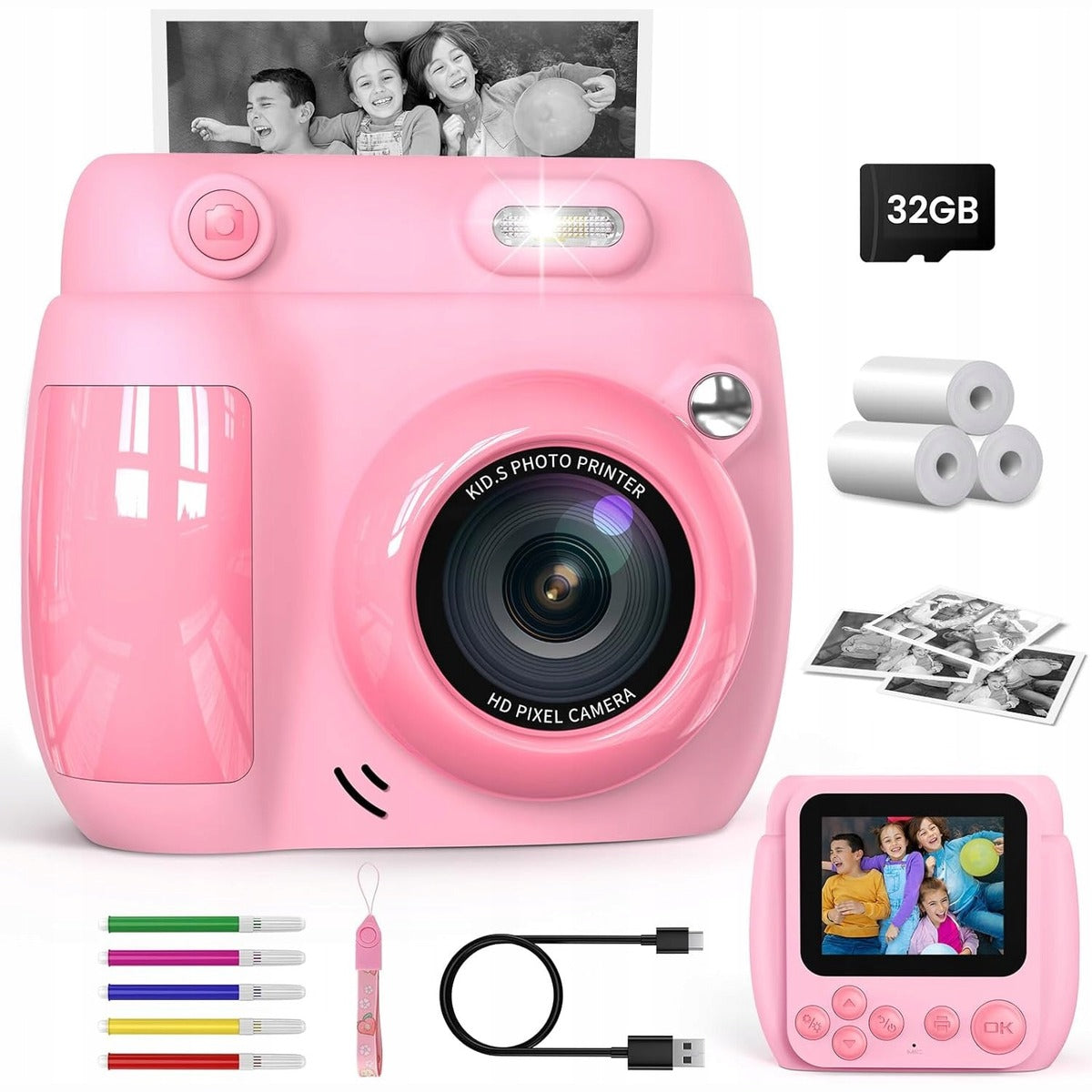 GOFUNLY KIDS CAMERA WITH PRINTER 1080P 32GB 3 ROLLS PINK
