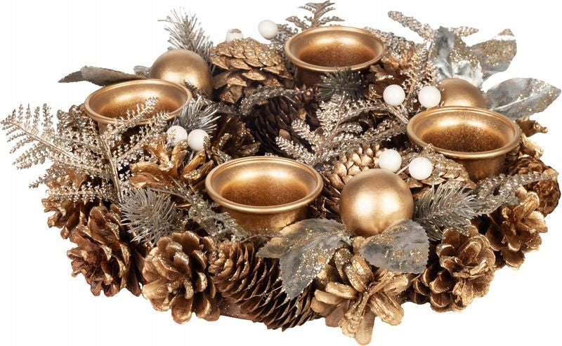 GOLD ADVENT CHRISTMAS WREATH FOR TABLE WITH CONES FOR CANDLES 30 CM