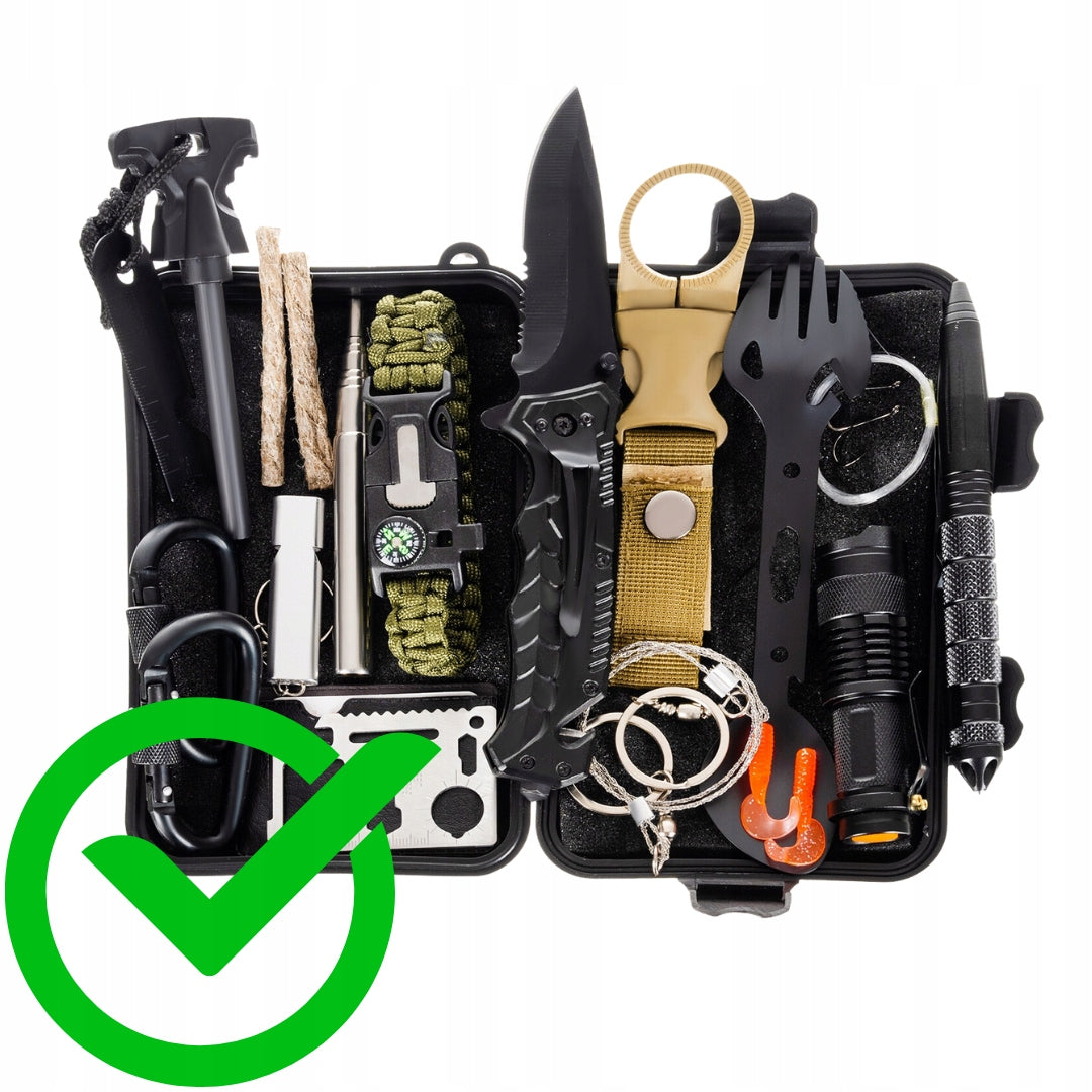 GOOD TACTICAL MILITARY BACKPACK 35L - BLACK + KNIFE + FLASHLIGHT + 32IN1 SET Model ZESTAW Przetrwania Survival 32w1 + Plecak Wojsko